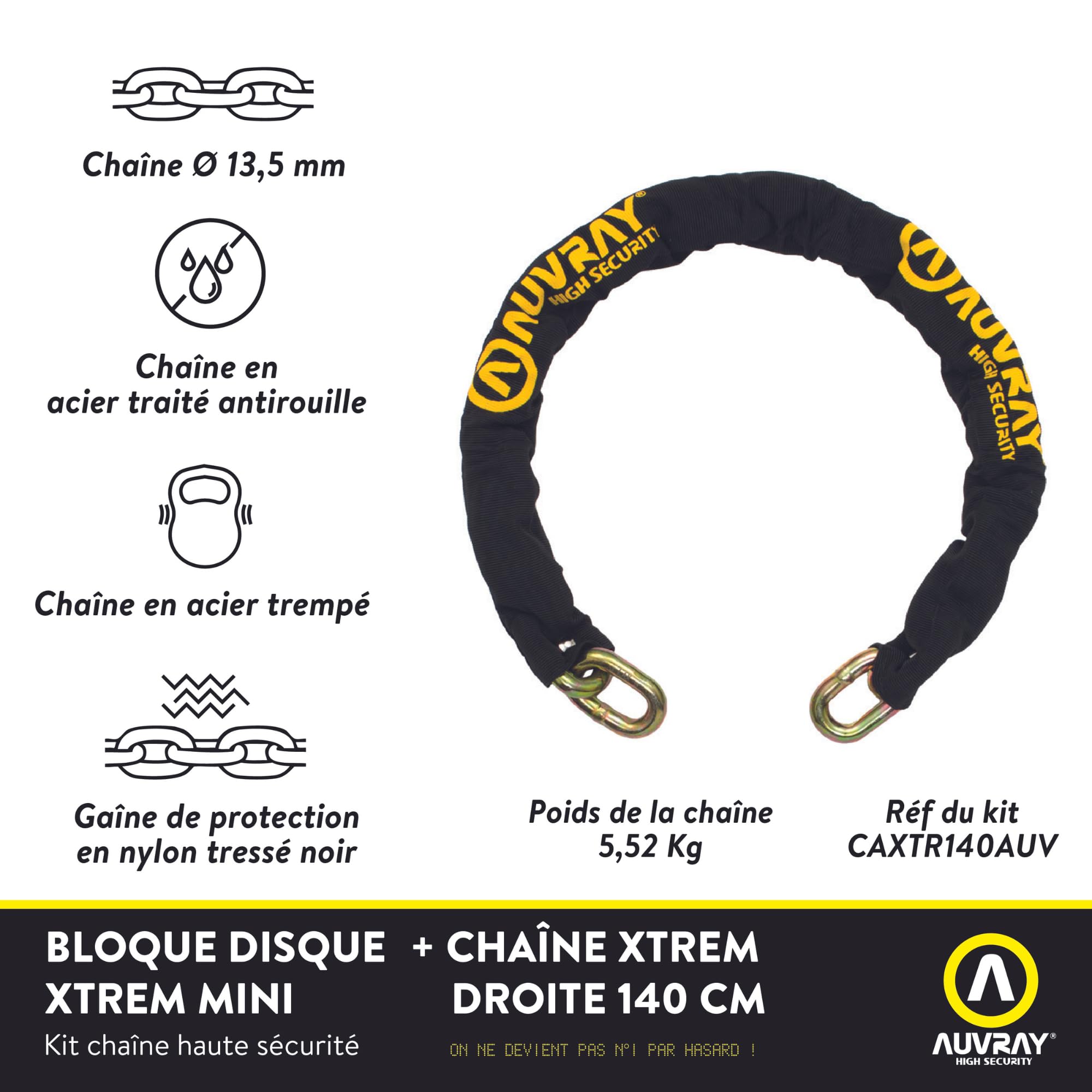 AUVRAY Chaîne et Bloque-Disque Moto U Xtrem DK-10 Homologué SRA – Goupille Acier Trempé 10 mm – Cylindre Haute Sécurité Anti-Crochetage – 3 Clés