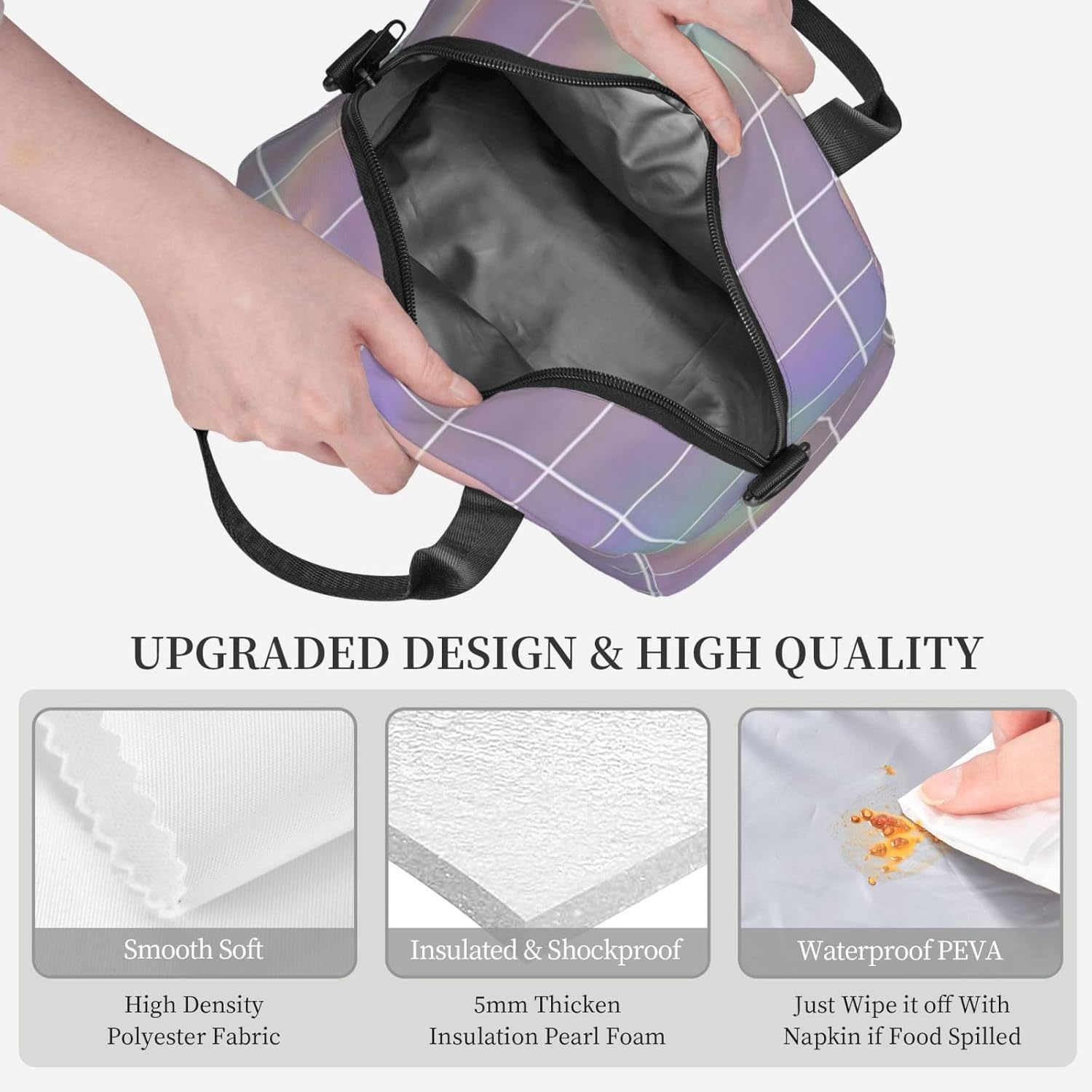 Reflective square Print Reusable Lunch Bag Insulated Lunch Boxes for Office Work Picnic Tote Bag Adjustable