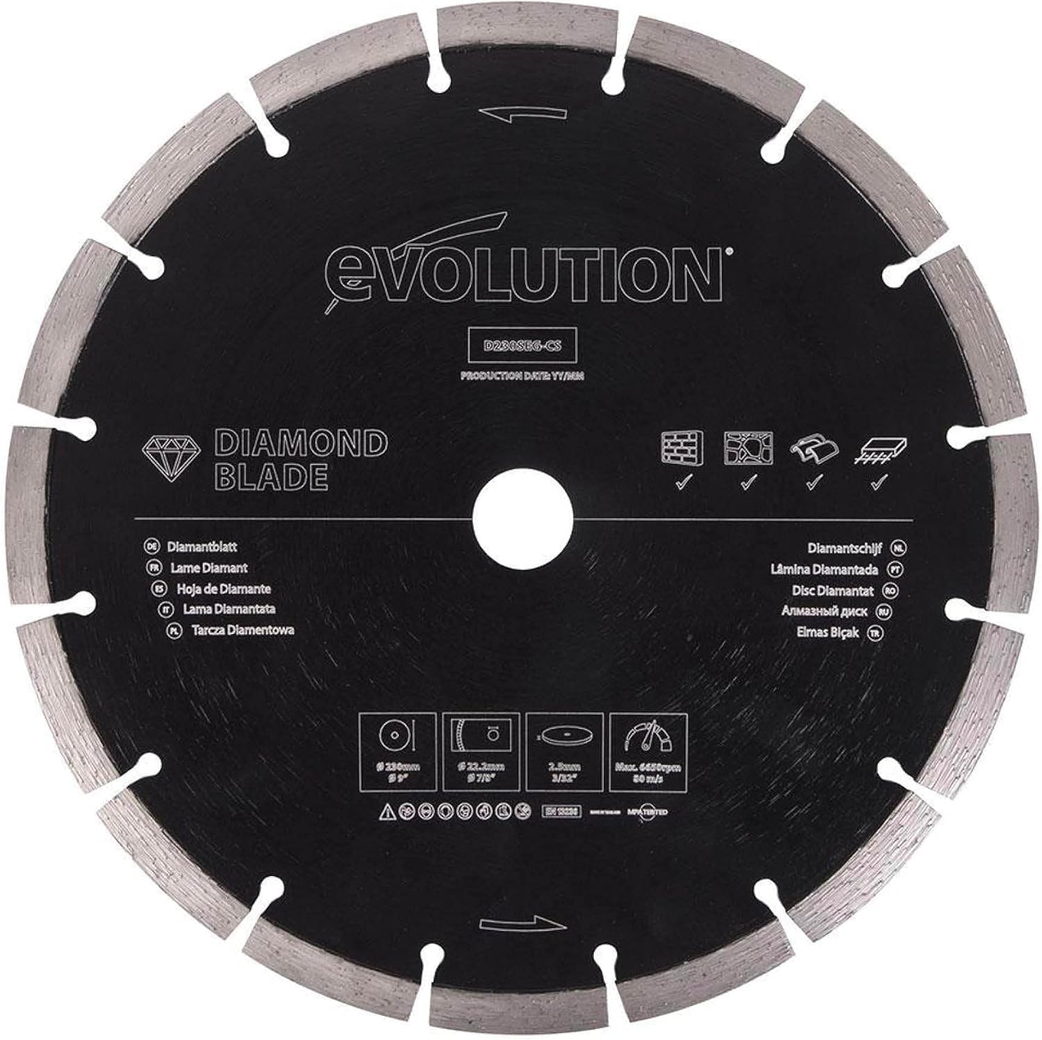 Evolution Power Tools D230SEG-CS 230 mm Diamond Blade For Disc Cutters - Segmented Edge For Cutting Masonry, Such as Brick, Reinforced Concrete and Stone