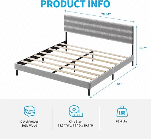 Miniatura 2 de Mjkone Base de cama de plataforma tamaño King con cabecera ajustable, moderno marco de cama tapizado de terciopelo holandés, marco de cama con