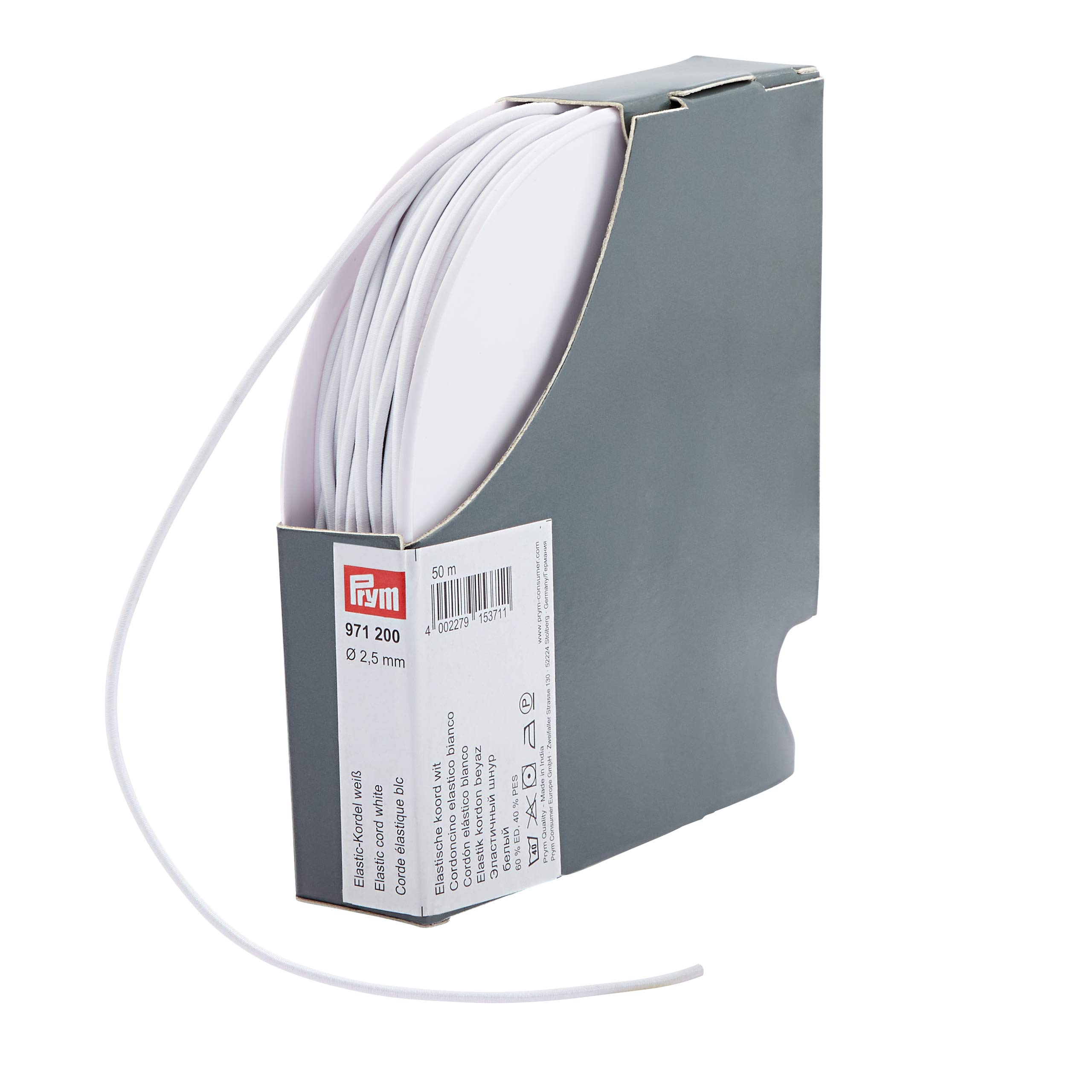 Prym 971200 Elastic Cord, 2.5 mm, 50 m, White, 60% ED 40% PES, Diameter