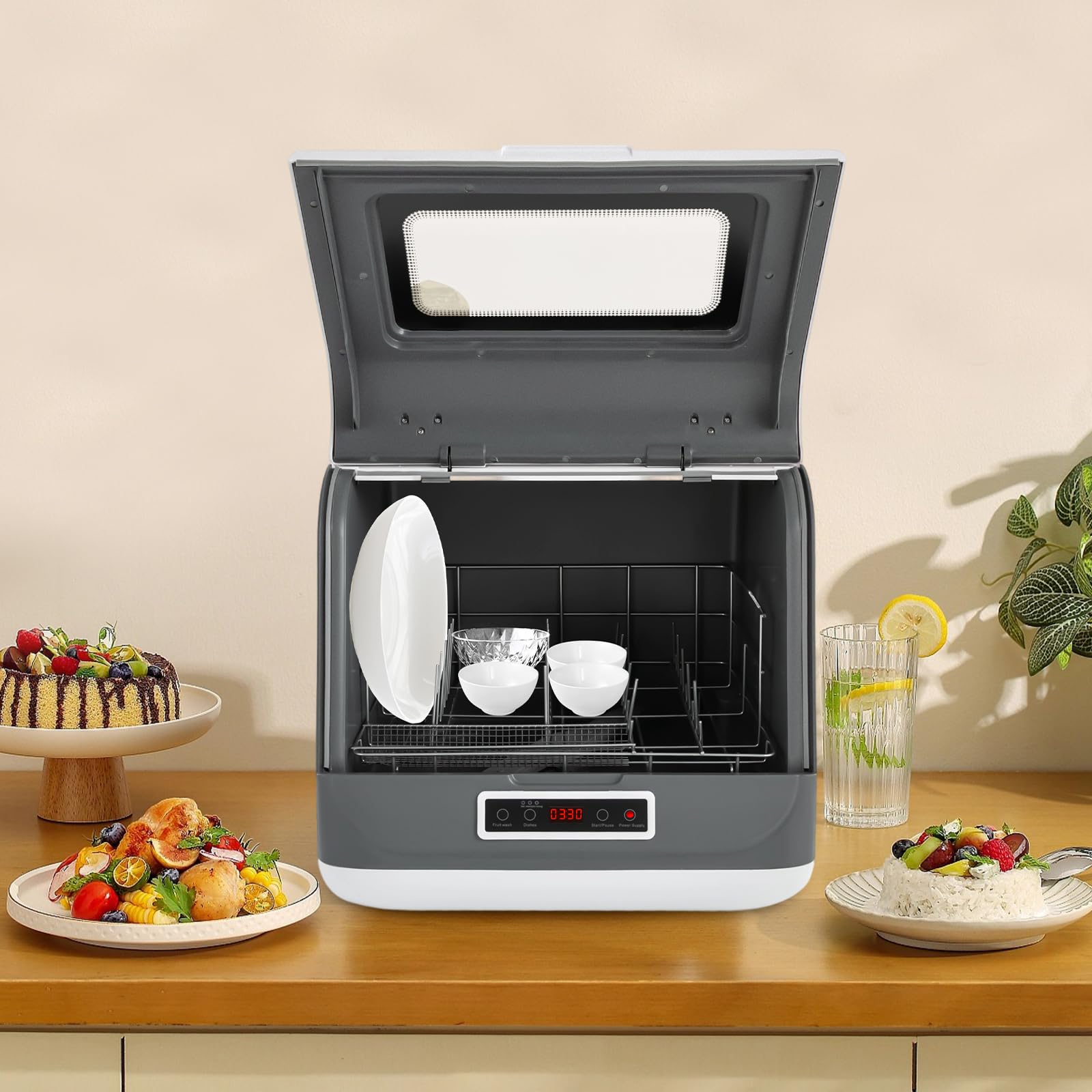 Lavavajillas multifuncional de mesa 800 W 220 V 3 modos de lavado 4-6 personas capacidad 360° sistema de pulverización de frutas función de lavado de frutas secado residual control táctil cocina