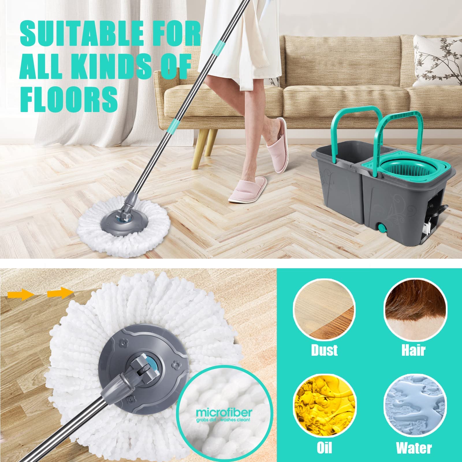 Masthome Balai à Frange et Seau à Pédale, Balai Serpillère Rotatif avec Système d'essorage Intégré, Seau Détachable avec 2 Compartiments pour Séparer l'eau Sale, Envoyer 6 Recharge en Microfibre, 6L