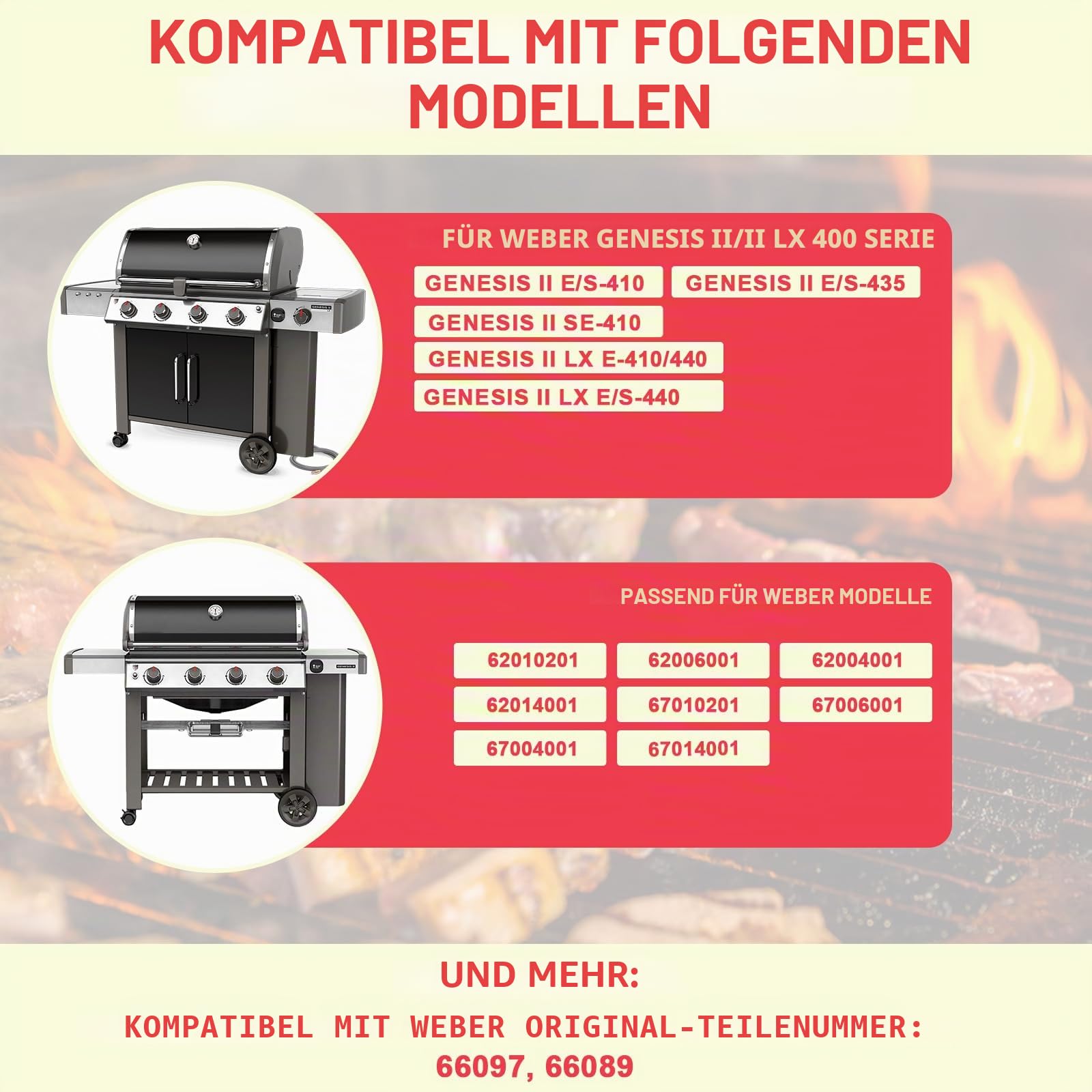 66097 Genesis II 400 Grillroste für Weber Genesis GS4 II/LX 400 Series Grills Parts Genesis 2 E-410 S410 E-435 S-435 E-415 SE-410 LX S-440, 66089 Roste für Küchenhelfer 740-0781 Teile aus Gusseisen