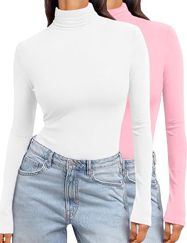 Ekouaer Women's Turtleneck Long Sleeve Shirts Slim Fit Thermal Underwear Tops Lightweight Pullover Tees