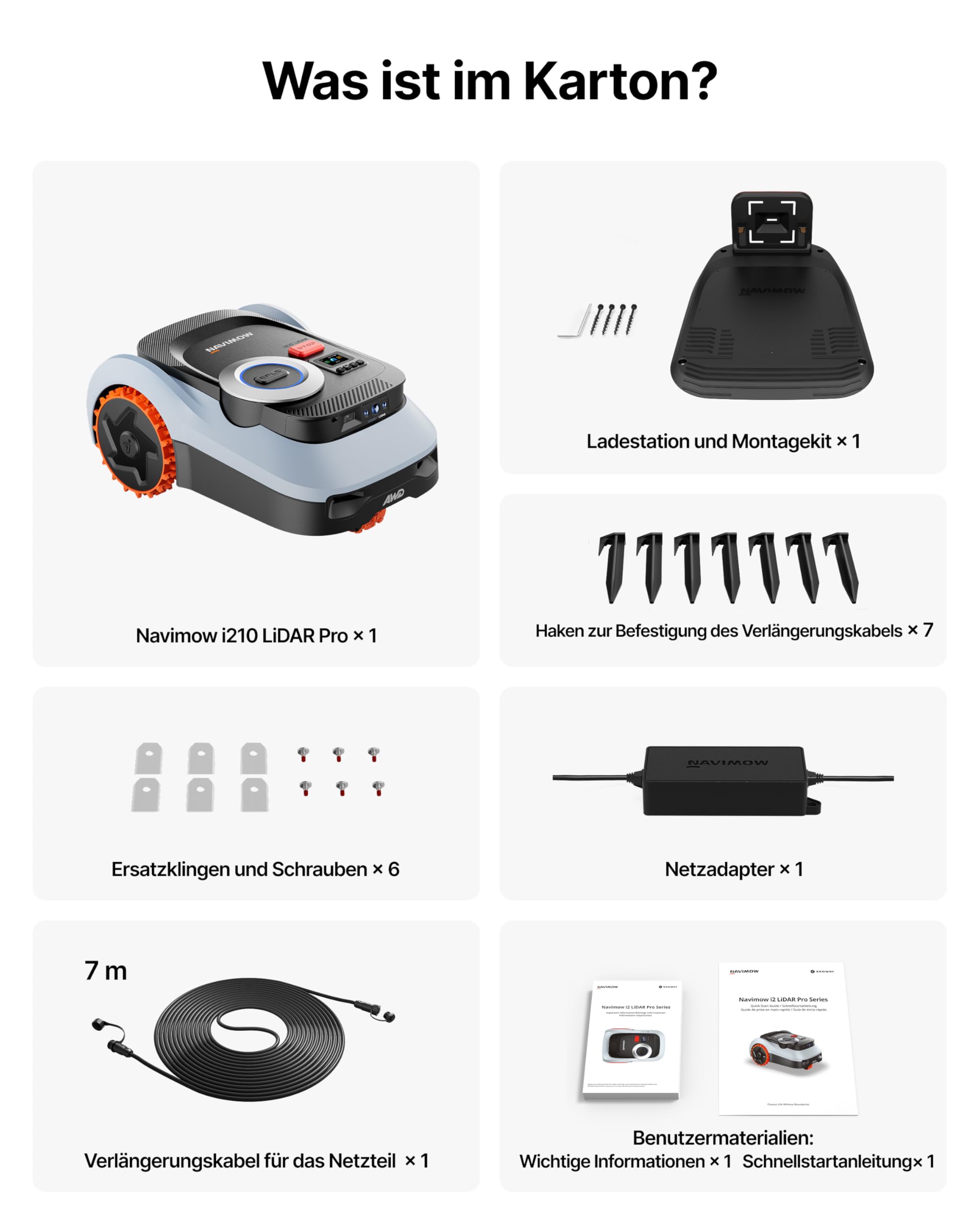 Segway Navimow i210 LiDAR Pro Mähroboter Garage M Klingensätze 48 Stück 1000 m² LiDAR Vision NRTK Tri-Fusion Xero-Turn AWD 55% Steigungen Auto-Kartierung