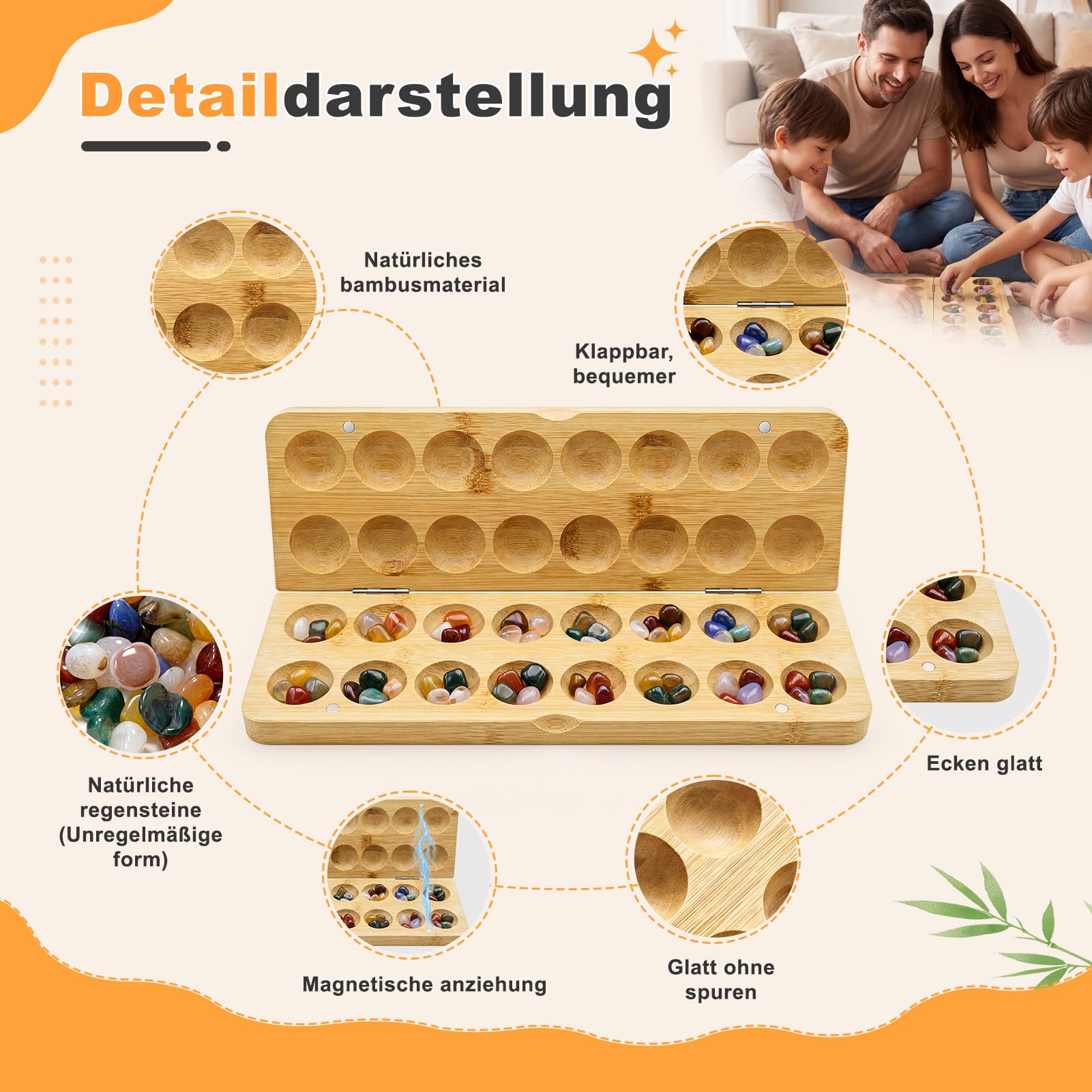 Steinchenspiel Holz mit Steinen, Klappbares Holzbrett, Edelsteinen Strategiespiele, Zweispieler Steinspiel für Familie Party Schule Reise, 65 Juwelen