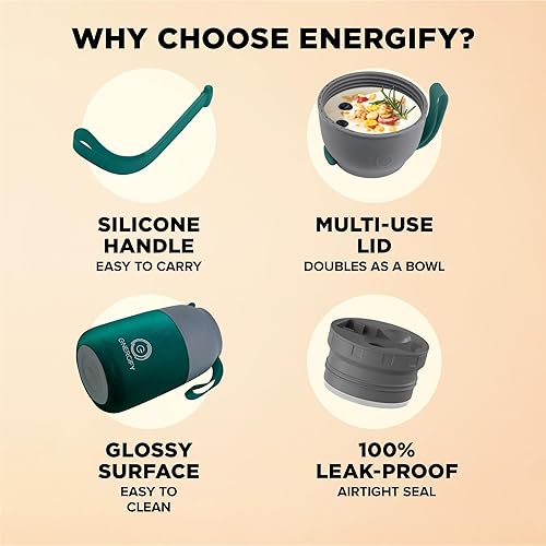 Miniatura 5 de Energify Tarro de comida aislado al vacío. Termo de 17 onzas, incluye cuchara plegable, bolsa y taza. Bebidas calientes y frías, contenedor de