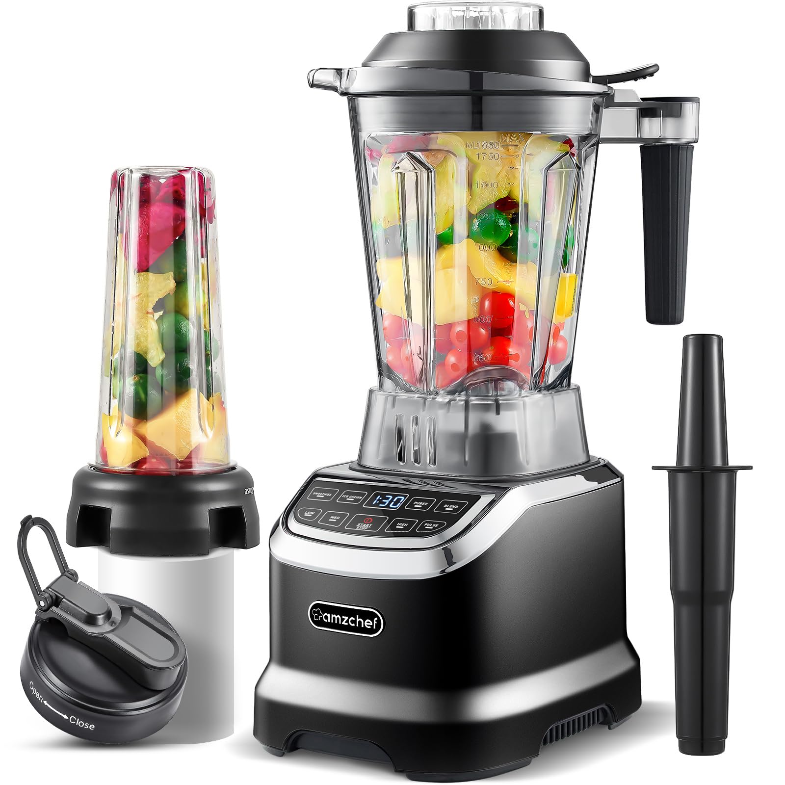 AMZCHEFProfessional Blenders for Kitchen, 1800 W Smoothie Blender with 2 Blend Way, 4 Functions and 3 Speeds, 63 oz Blender for Smoothies, Frozen Drinks, Ice Cream, Soup, 20 oz blend bottle, Black
