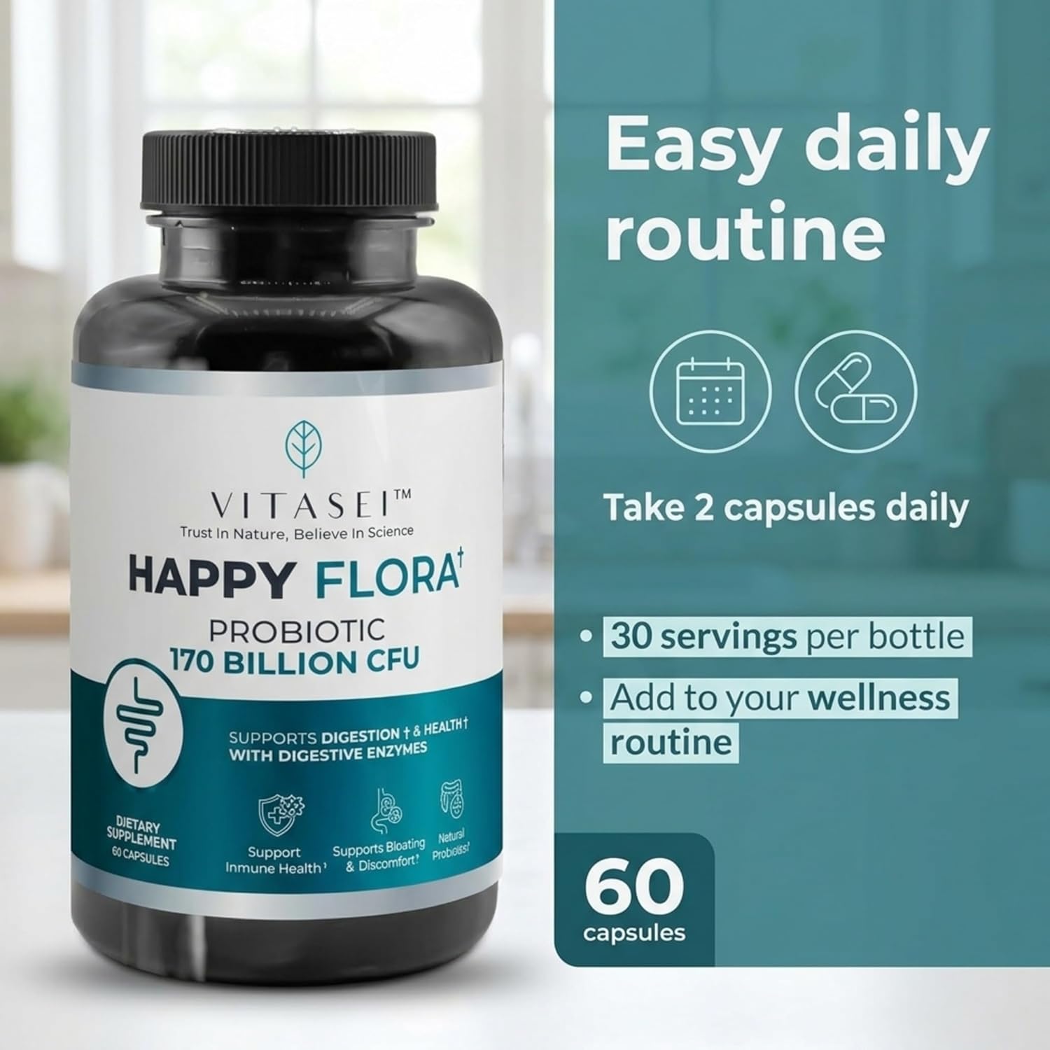 VITASEI Happy Flora, Probiotic Supplement 170 Billion CFU for a Healthy Gut Health with enzymes for Digestion, probiotics for Women and Men, 1 Bottle - 60 Capsules