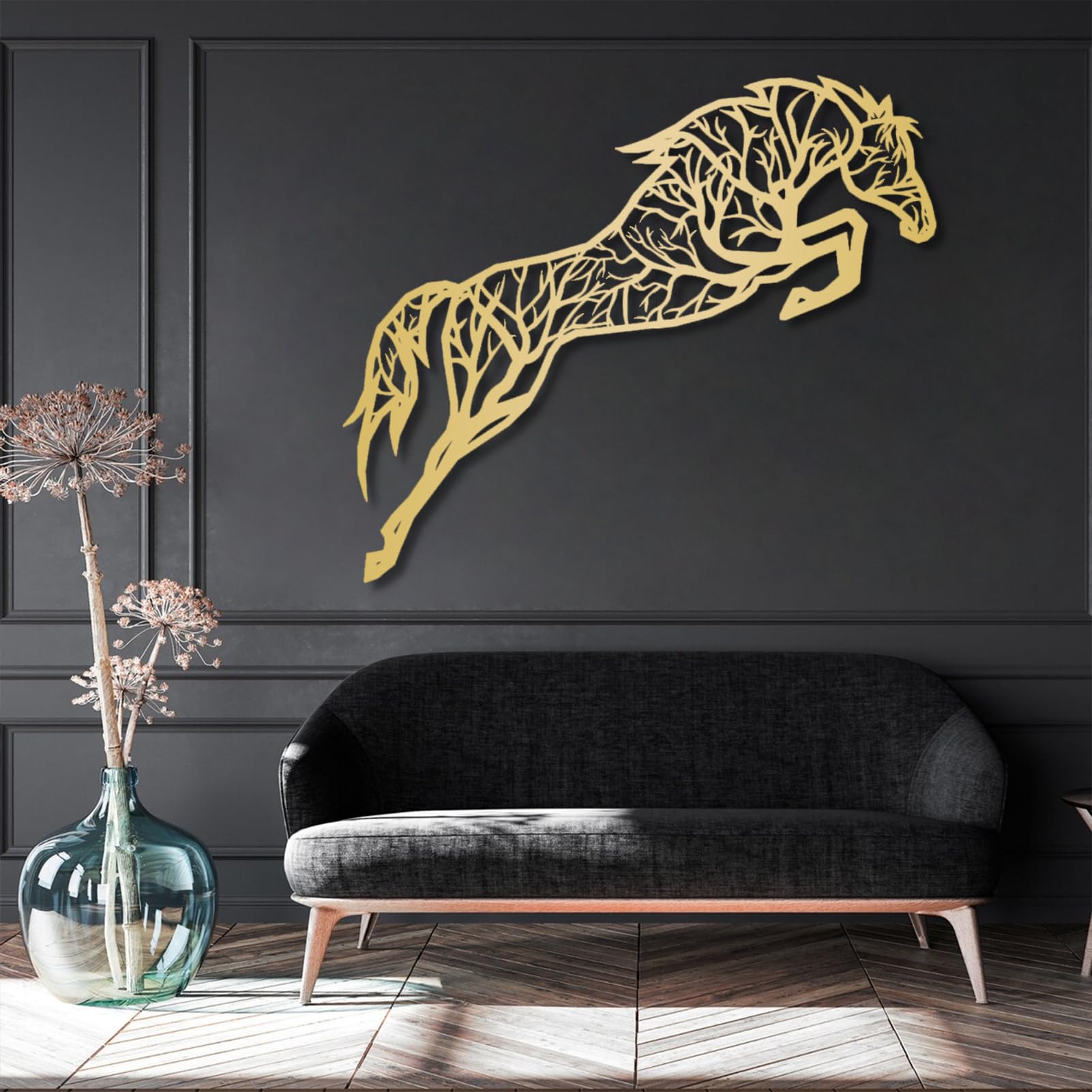 Decorazione murale in Metallo Nero a Forma di Albero e Cavallo, Ramo in Metallo in Stile Western, Scultura Moderna a Forma di Albero e Cavallo per Soggiorno, corridoio e Scale (Oro 41" L x 3