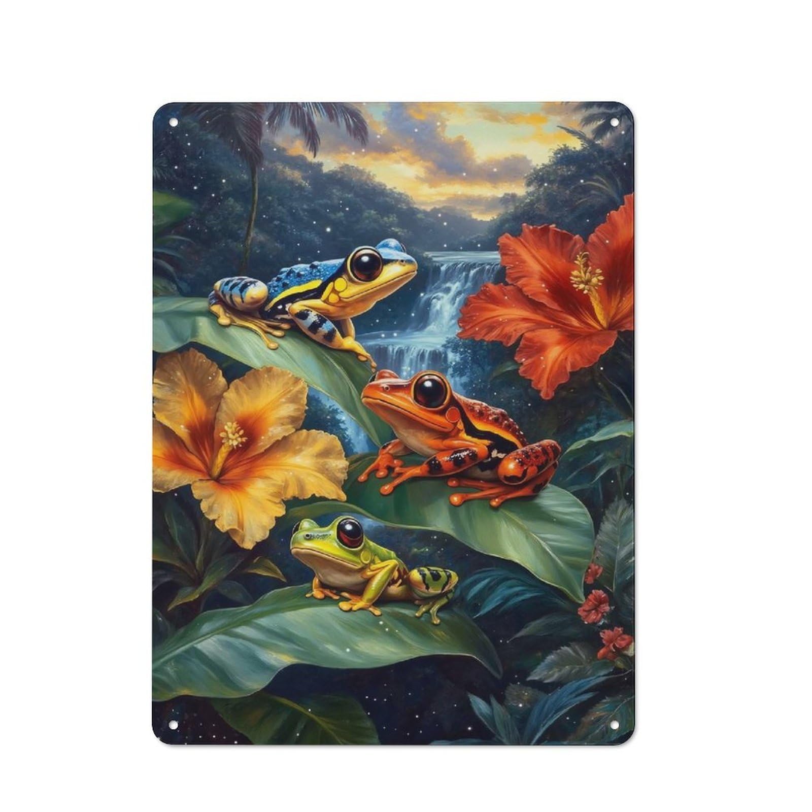 Junmoney Style-12 Smart Tin Sign 40X30cm Featuring Tropical Frogs And Hibiscus Flowers, Office Wall Decor For Workspace, Cafe, Shop Or Desk Area