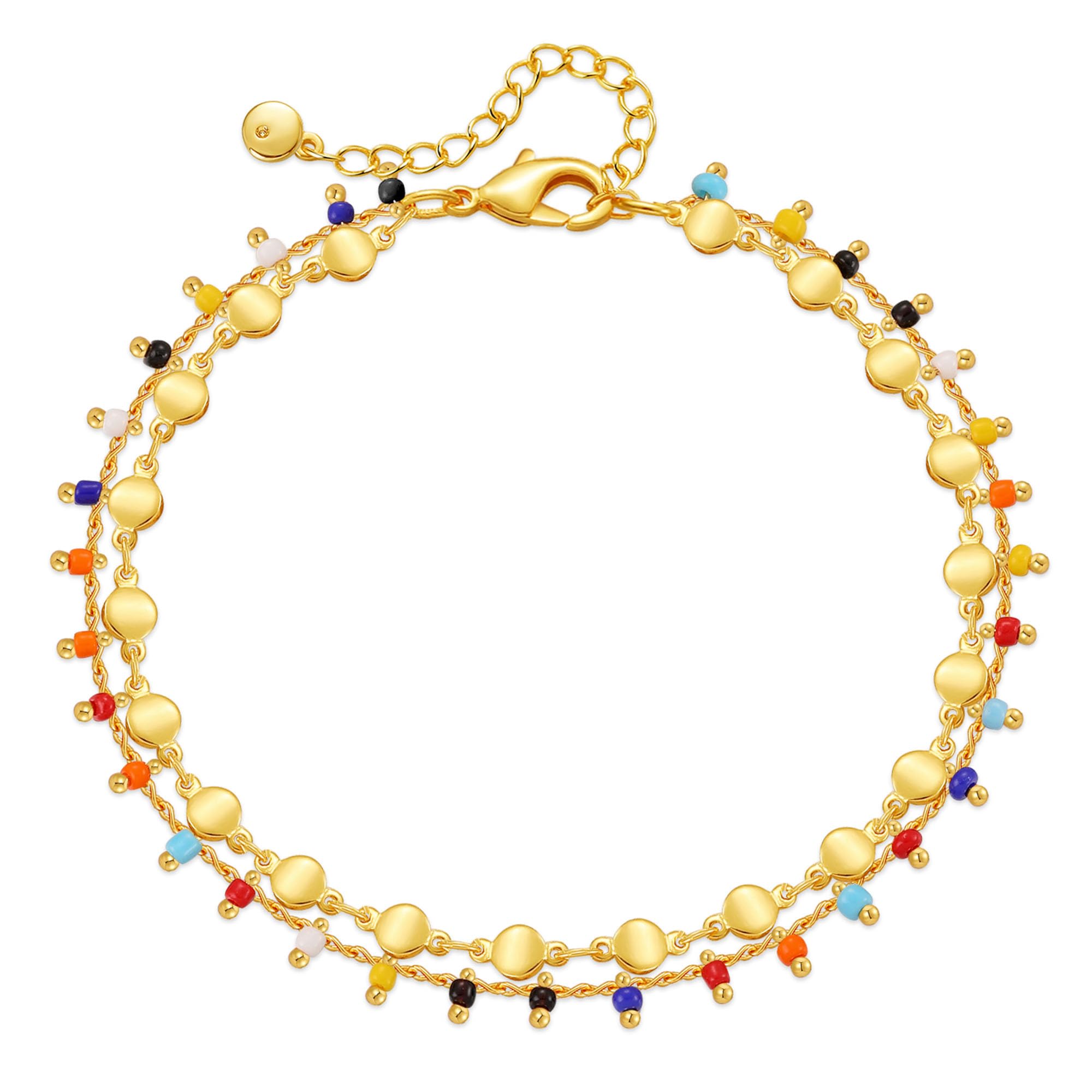 Yumikoo 18k Gold Plated Anklet Round Metal Blocks and Colorful Beads Ankle Bracelets for Women