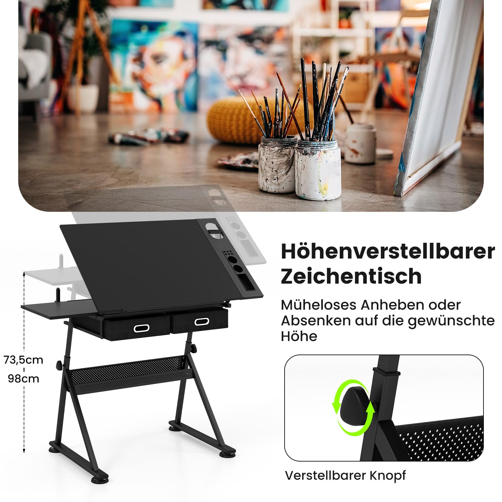 COSTWAY Zeichentisch mit Hocker, Architektentisch höhenverstellbar, Schreibtisch mit neigbarer Tischplatte, Schülerschreibtisch mit 2 Schubladen, Arbeitstisch für Architekt & Künstler (Schwarz)