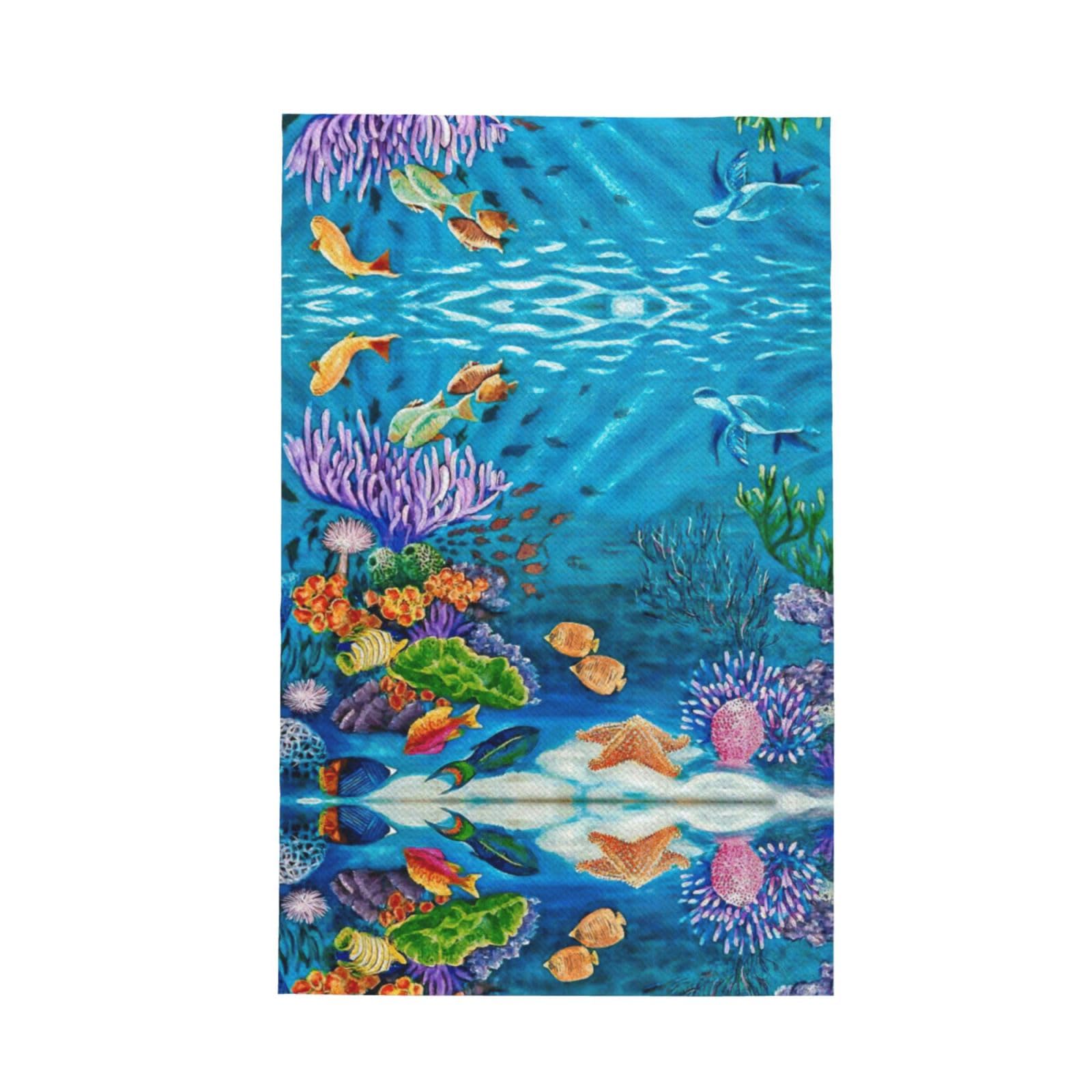 Uusnwaa Ocean Sea Turtle Tropical Fish Starfish Printed Waffle Microfiber Kitchen Towels