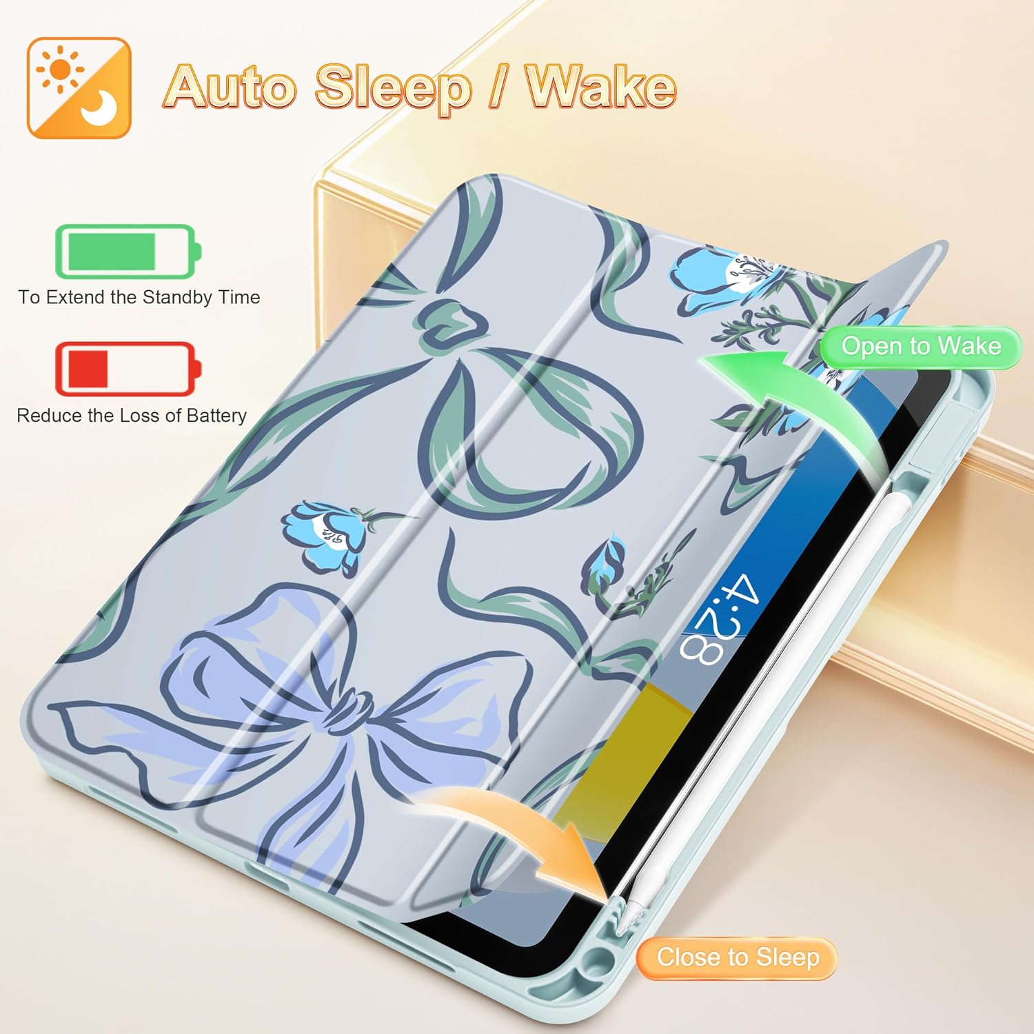 Mektron Case for iPad (A16) 11th Generation 11-inch 2025 Fit iPad 10th Gen 10.9 inch 2022, Tablet Cover with Trifold Stand + Pencil Holder + Auto Wake/Sleep + TPU Back Cover, Bows C355 - Image 3