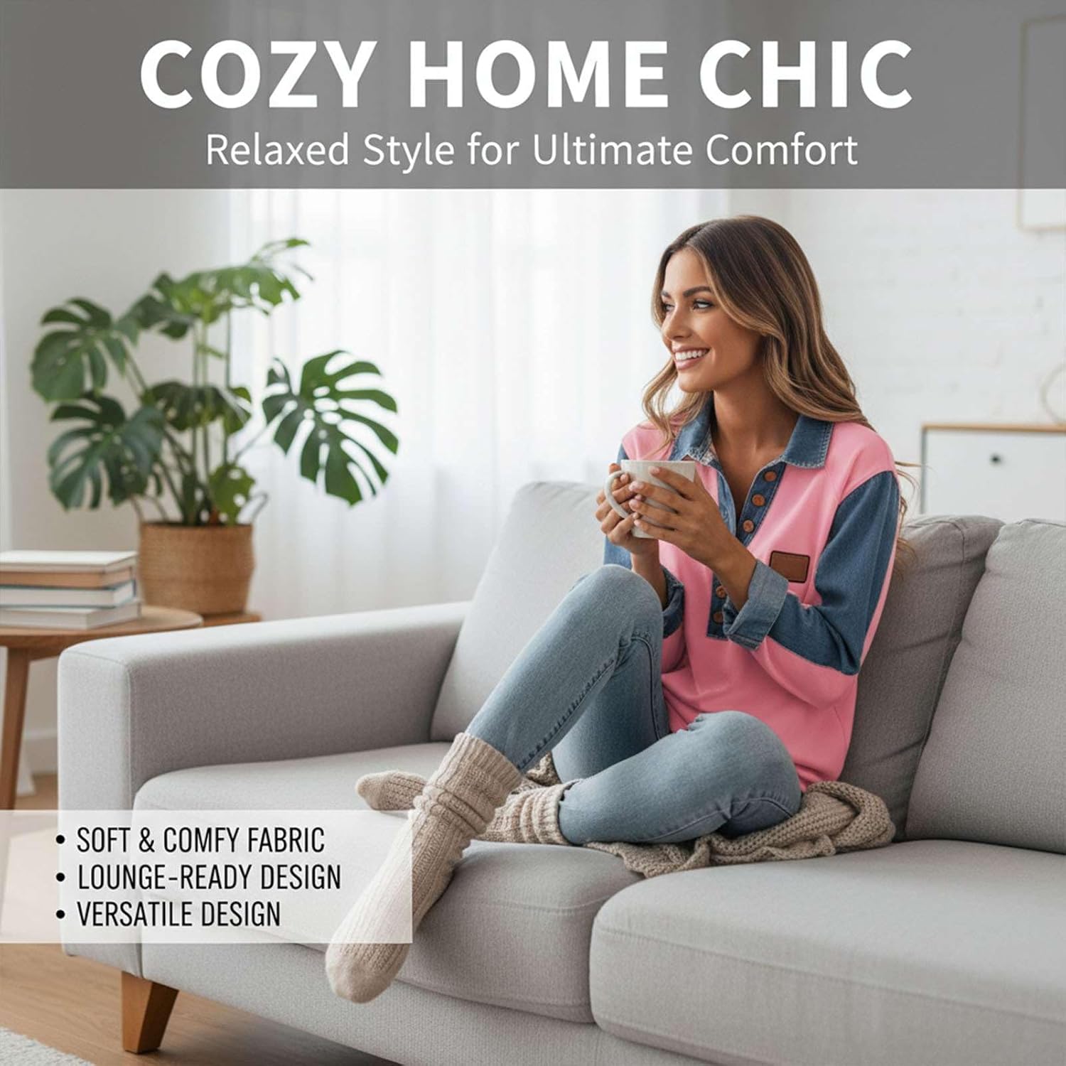 Womens Lounge Long Sleeve Pullover Top Denim Collar Button Front Patchwork Casual Loose Fit Blouse Daily Wear - Image 4