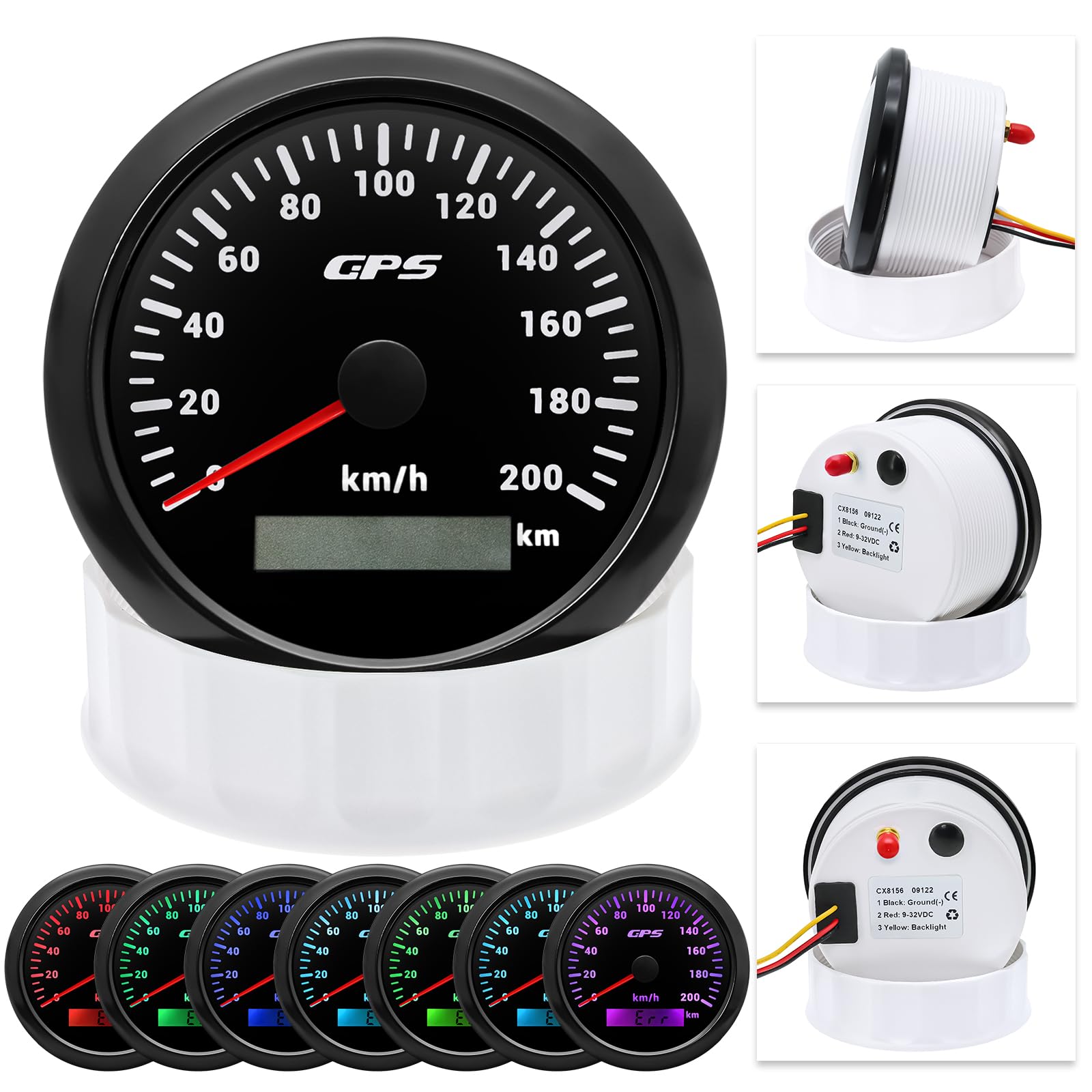 85 mm GPS velocímetro 0-200 km/h con retroiluminación LED de 7 colores y odómetro – Instrumento universal impermeable con antena GPS para moto, coche, barco y camión