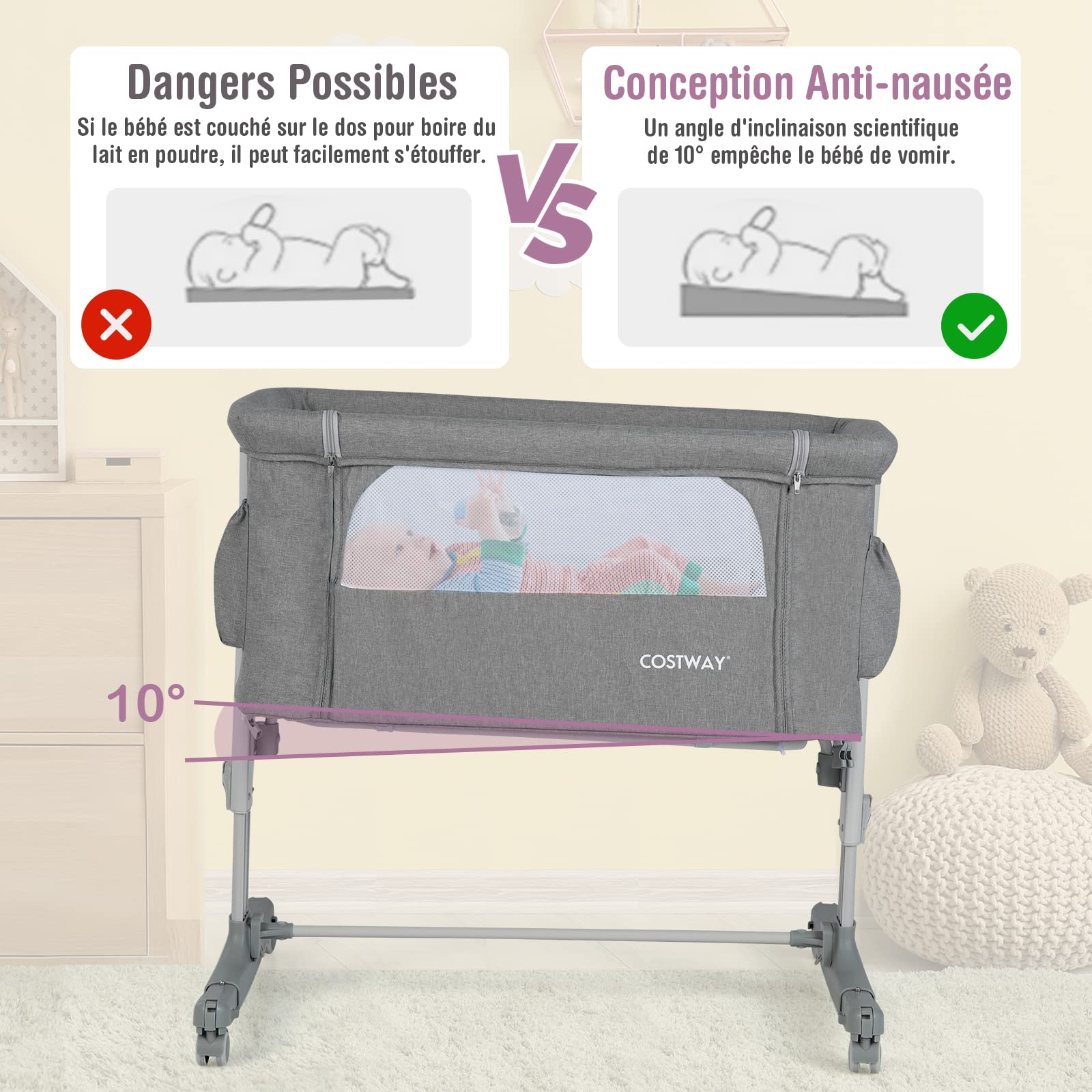 GOPLUS Berceau Bébé 3 en 1, Lit Cododo Portable avec Mode Berceau, Matelas Amovible, Hauteur Réglable, Poches de Rangement et Roues Verrouillables, Lit de Voyage pour Nouveau-né (Gris)