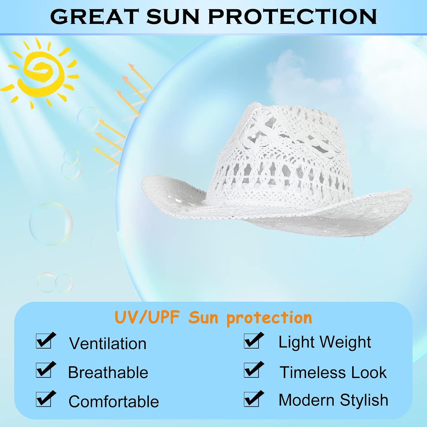 Men & Women's Summer Cowboy Cowgirl Straw Hat Hollow Out Woven Roll Up Wide Brim Sun Hat with Chin Strap