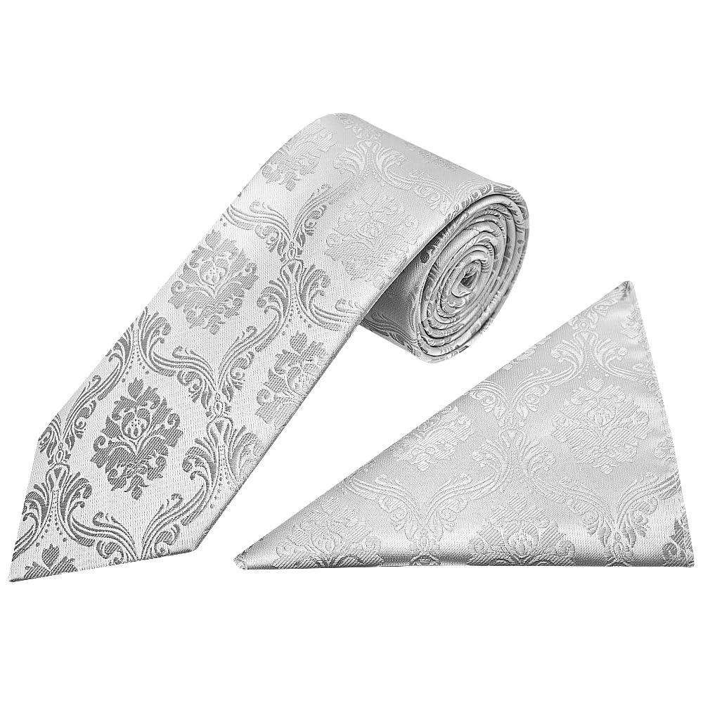 TIES R US Silver Paisley Classic Men's Tie and Pocket Square Set