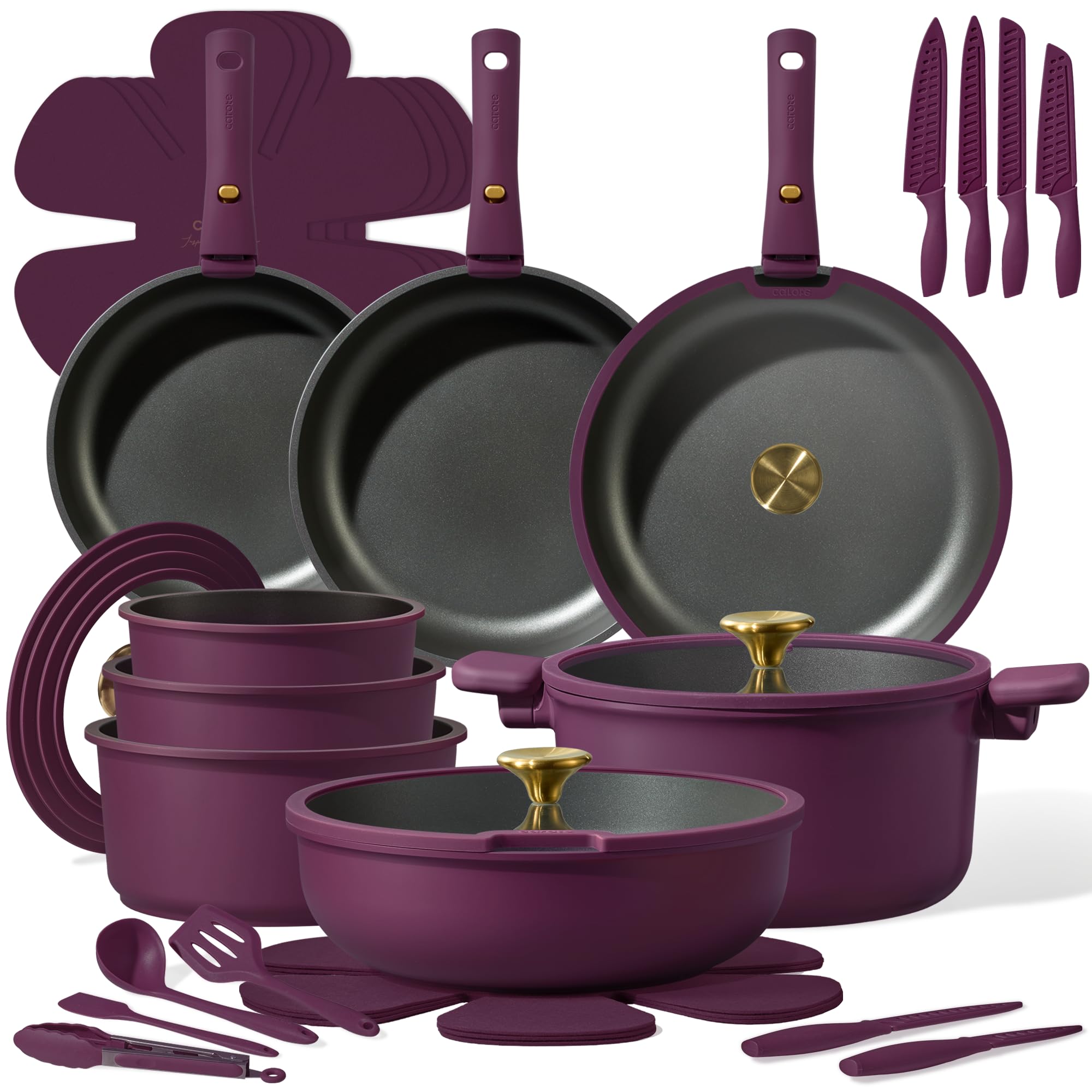 CAROTE 38pcs Pots and Pans Set with Knife, Detachable Handle Cookware