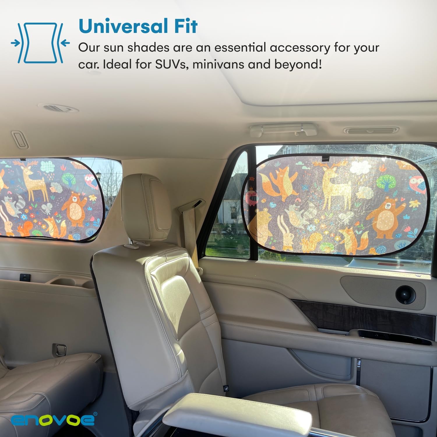 Window Shade-(2 Pack)-XL-25" x 16"-Colorful Cartoon Animal Designs, Cling Car Sun Shade for Windows - Sun, Glare and UV Rays Protection for Your Child - Baby Car Shades for Side Window by Enovoe