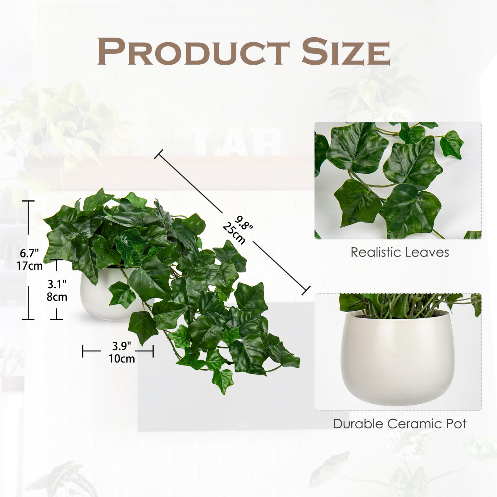 Hollyone Artificial Plants in Ceramic Pots, Fake Ivy Leaves Decorative Faux Potted Plants - Image 2