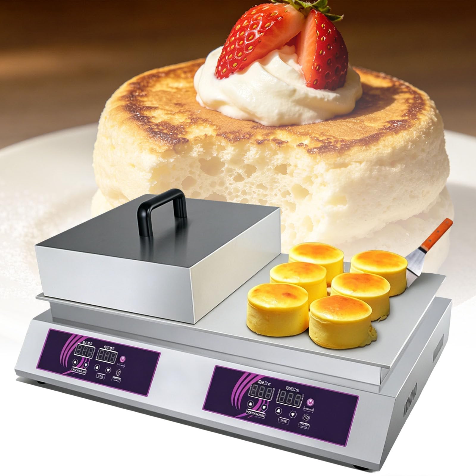 Ymnogjie Commercial Pancake Maker,Non Stick Souffle Maker Machine,60-240℃ Temp Control,Electric Muffin Maker Stainless Steel for Home Kitchen,Restaurant,Bakery,Leisure Snack Bar DoubleHead