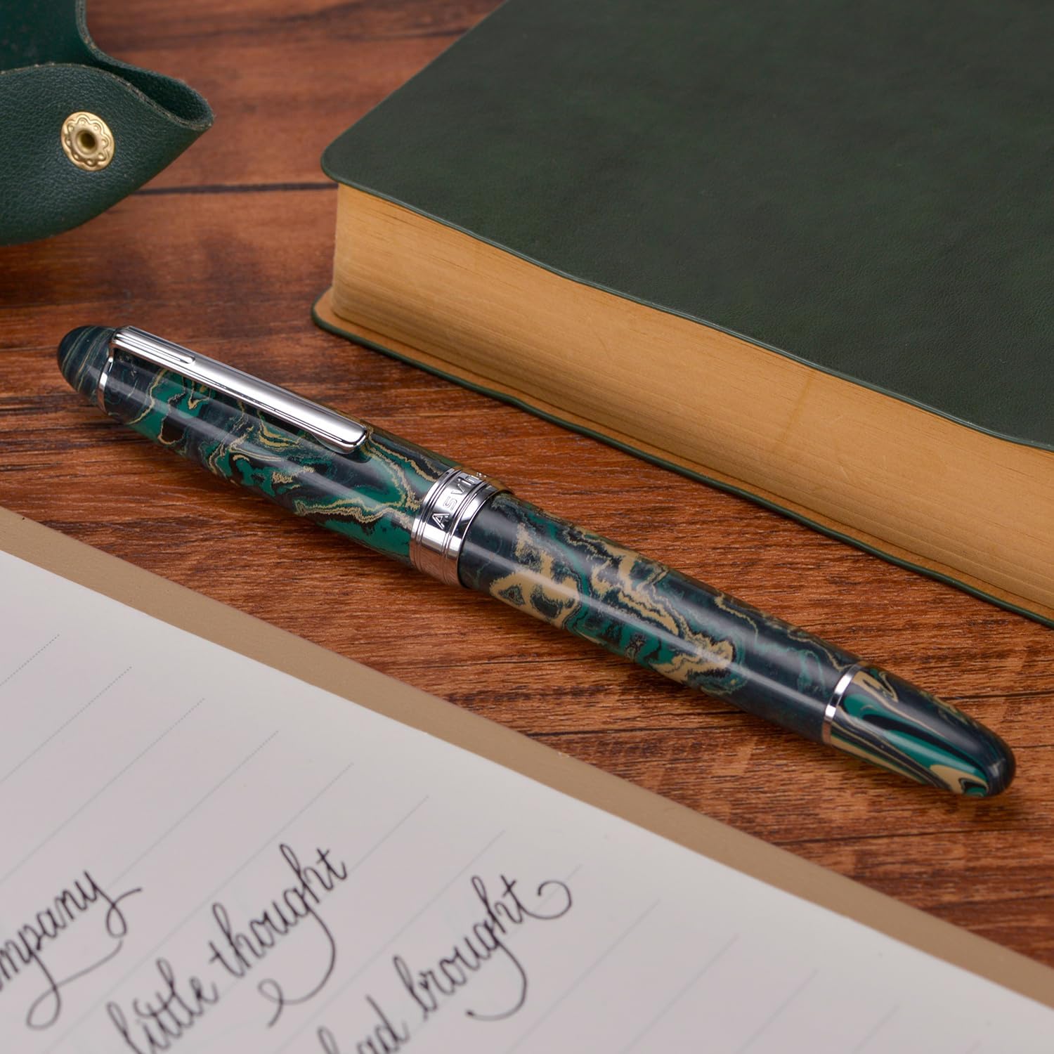 Asvine J16 Ebonite Fountain Pen Green, Jowo Extra Fine Nib Piston Filling, Ink Window Design with Wrench and Pen Box