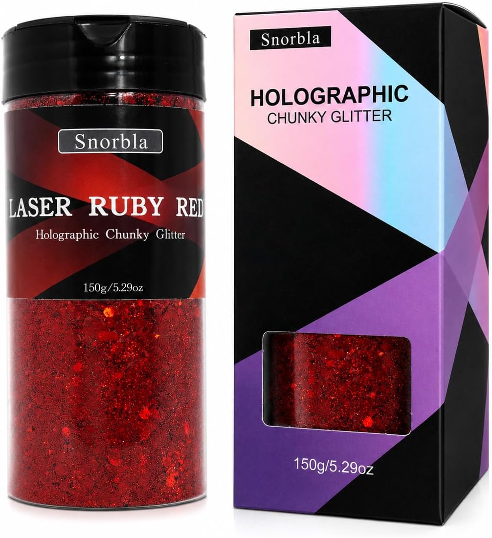 Red Glitter, 150G/5.29OZ Holographic Chunky Glitter for Craft, Face Hair Body Nail, Iridescent, Party Decorations (Laser Red)
