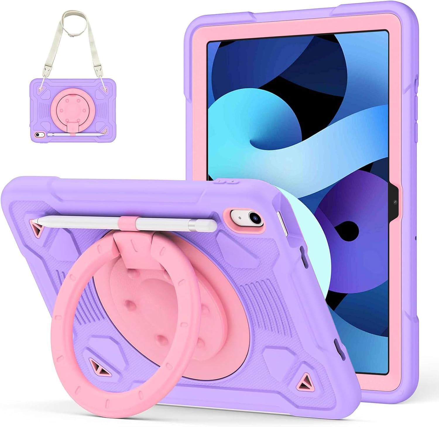 for iPad A16 11th Generation 2025/ iPad 10th Generation Case 2022 with 360° Rotating Kickstand/Handle/Pencil Holder/Shoulder Strap Kids Girls Hard Cover for A16 iPad Case 10.9/11 inch, Purple