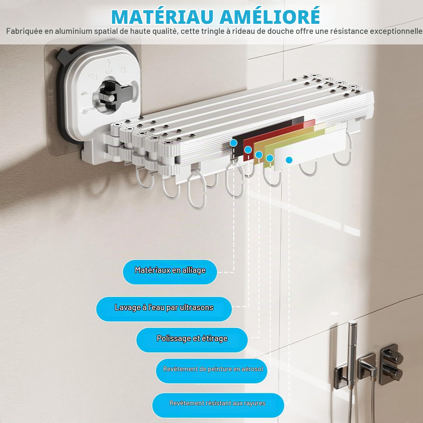 Tringle à rideau de douche sans perçage avec rideau de douche et anneaux, pliable à 360°, en aluminium, pour douche en forme de L et d'angle, pliable et peu encombrante (blanc, 5 compartiments)