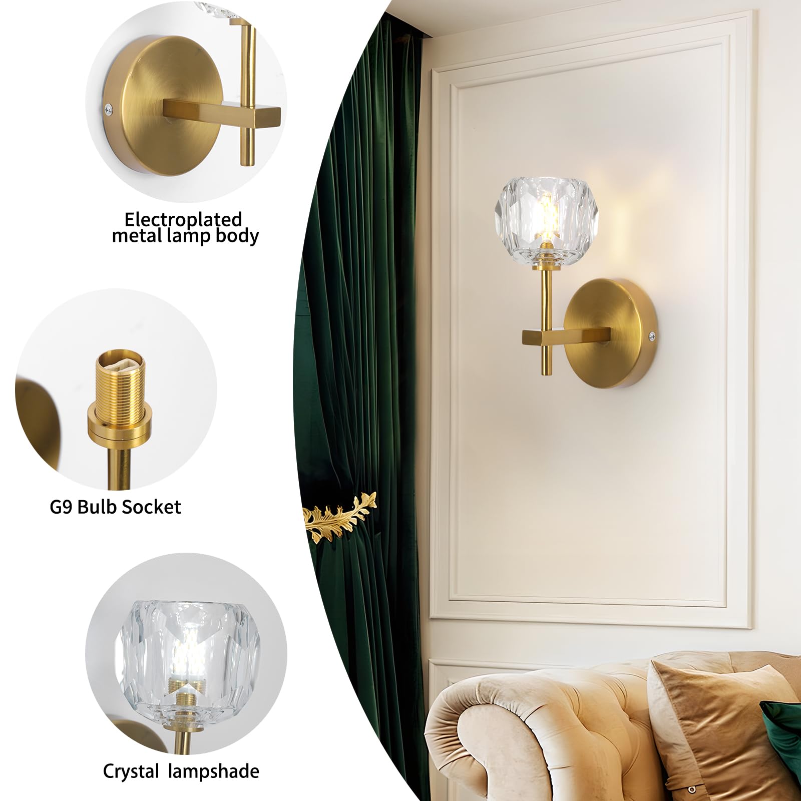 Hudi Fyier Modern Crystal Wall Sconce, Brushed Brass Wall Light, Crystal Wall Lamp for Bedroom Bathroom, Living Room, Hallway, Entrance - Image 4