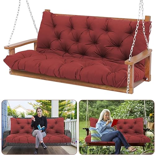 Durable Extra 5" Thick Waterproof Porch Swing Cushions Outdoor 60 inch Fade-Resistant Swing Bench Cushions 3 Seater Replacement with Backrest for Outdoor Patio Backyard Furniture(Wine Red)