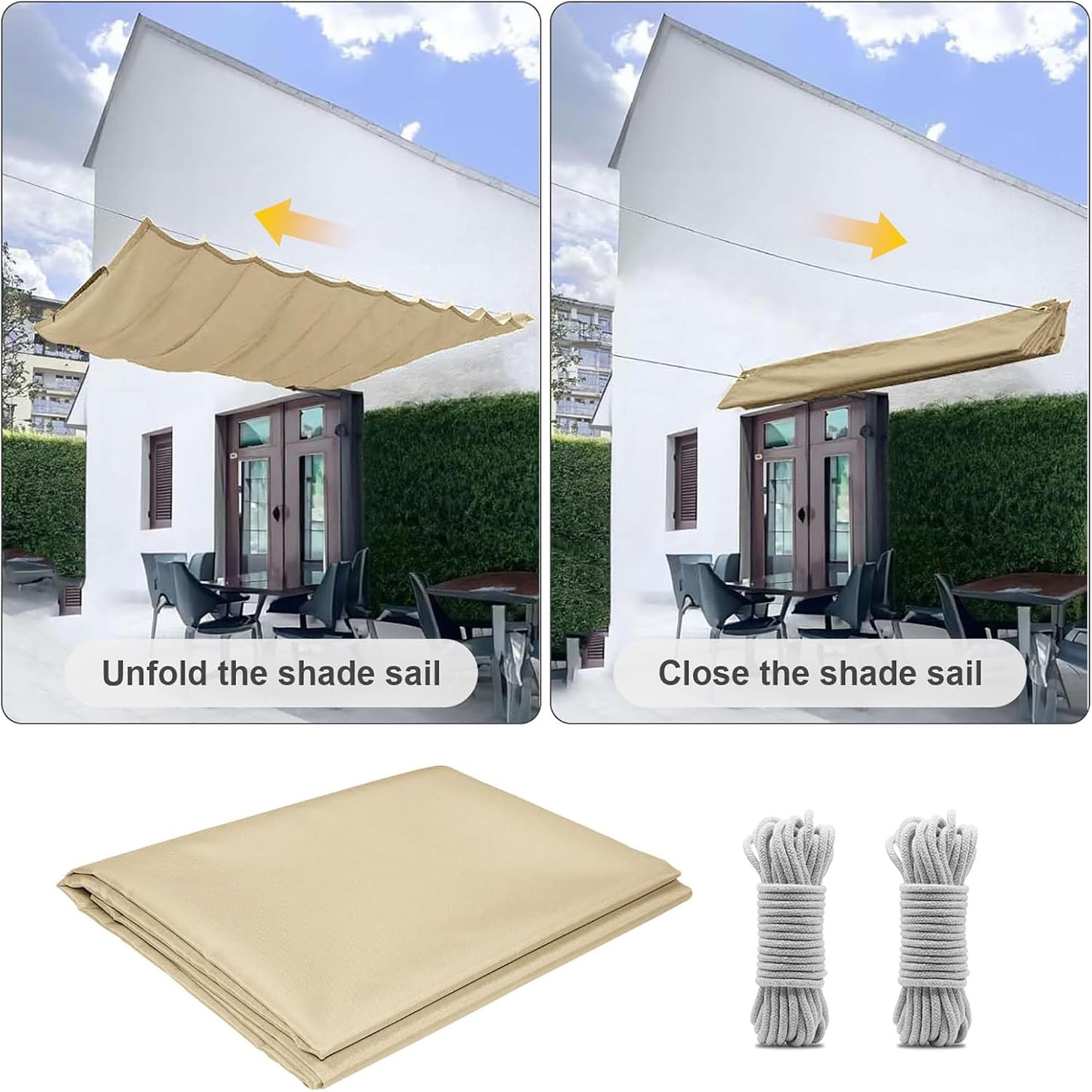 Einziehbar Welle Sonnensegel 90 x 400 cm Uv-Schutz Reißfest Sonnenschutz Wasserdicht Winterfest mit Ösen Verstellbar Welle Markisenstoff für Balkon, Terrasse, Pavillons, Hof, Khaki