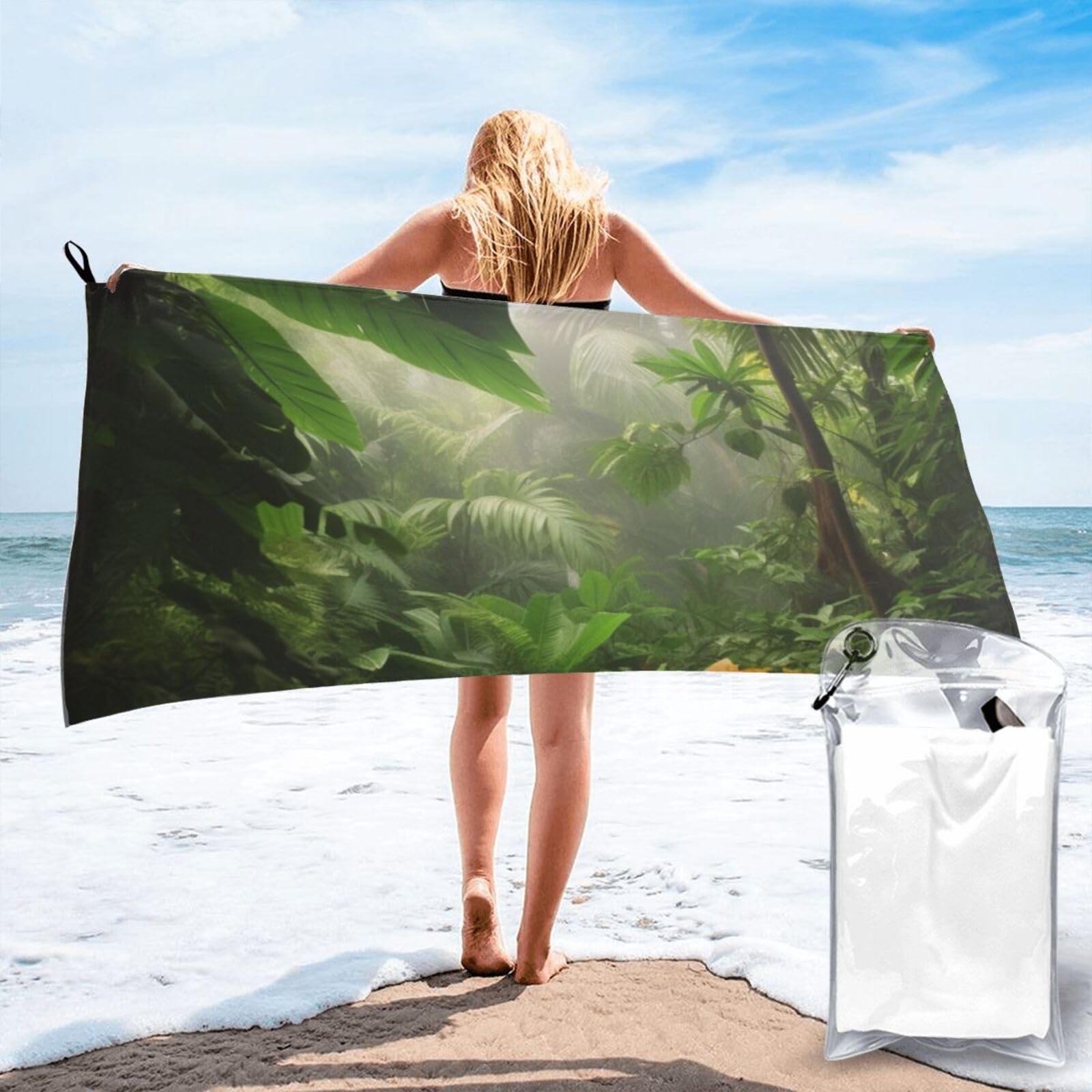 Microfiber Sand Free Beach Towel 31.5"x63", Quick Dry Absorbent Travel Towel Large Camping Blanket, Tropical Rainforest Jungle Scene Bath Towels Lightweight Pool Swim Towels for Vacation Essentials