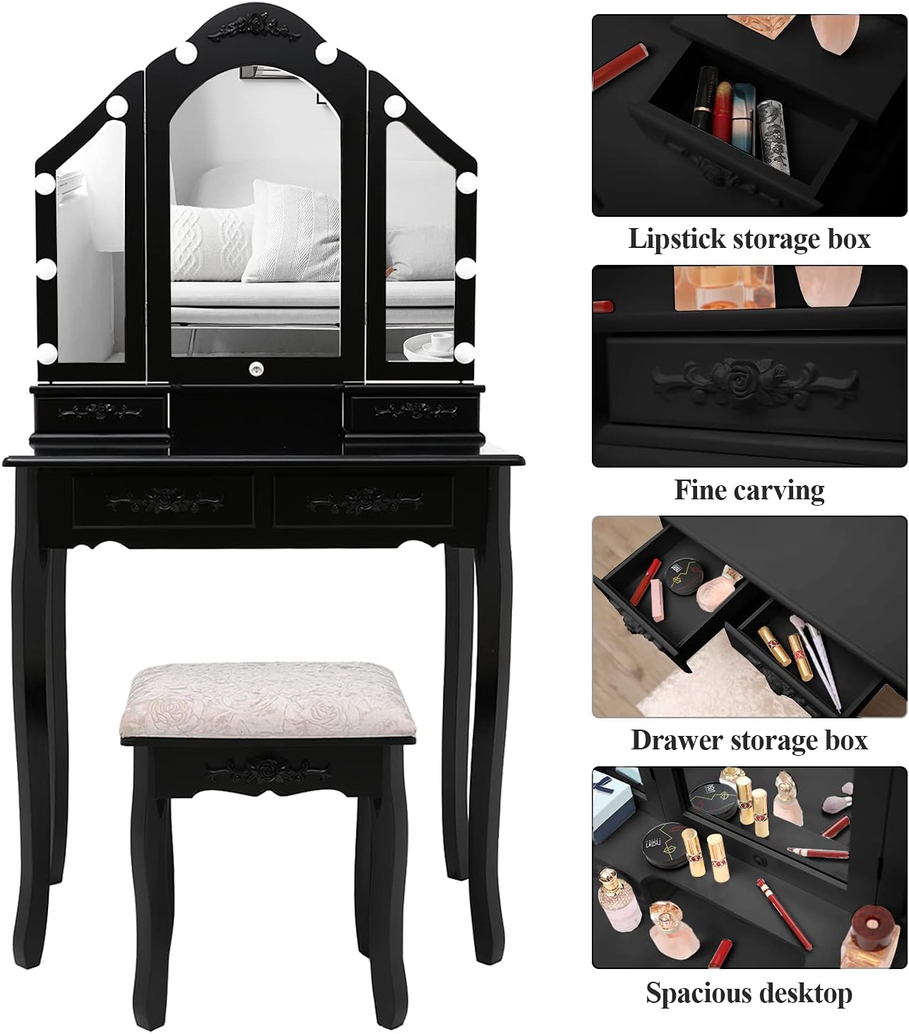 C/N Dresser with Folding Mirror-Vanity Desk with Lighted Mirror,4 Drawers Makeup Table,Set Dressing Table with Cushioned Stool,Black : Home & Kitchen