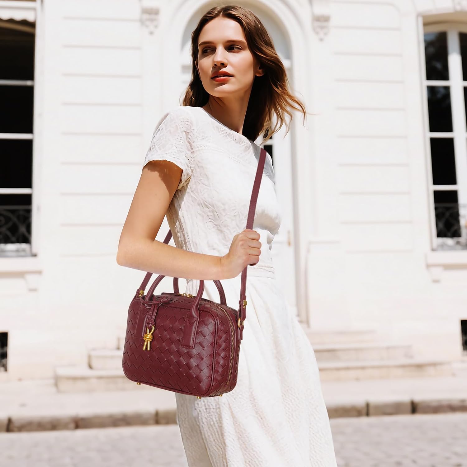 Women's Handmade Woven Top-handle Bag Fashion Leather Shoulder Handbag Crossbody Purse Woven Purse for Women - Image 2