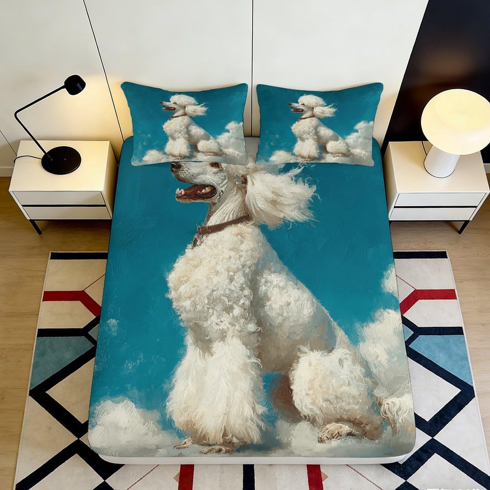 Uxinyoume Style-2 3D Printed White Poodle Fitted Sheet Microfiber Soft Anti-Slip Sky Blue Dog Bed Cover For Bedroom Guest Room Decor 90X200x25cm
