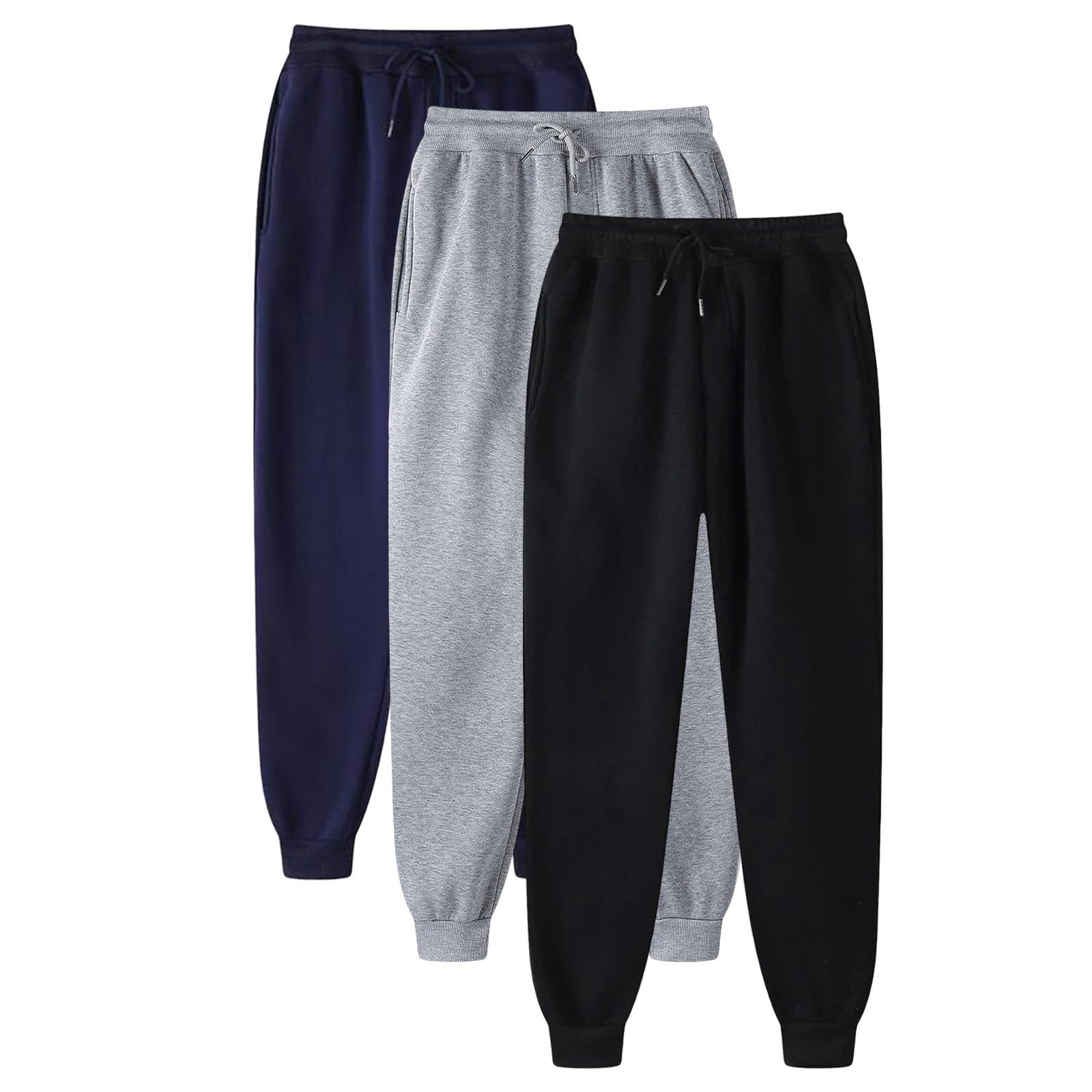 Paquete de 3 pantalones de chándal para hombre, ligeros, cintura elástica, pierna recta, pantalones elásticos holgados con cordón y puños, pantalones deportivos casuales para actividades al aire libre