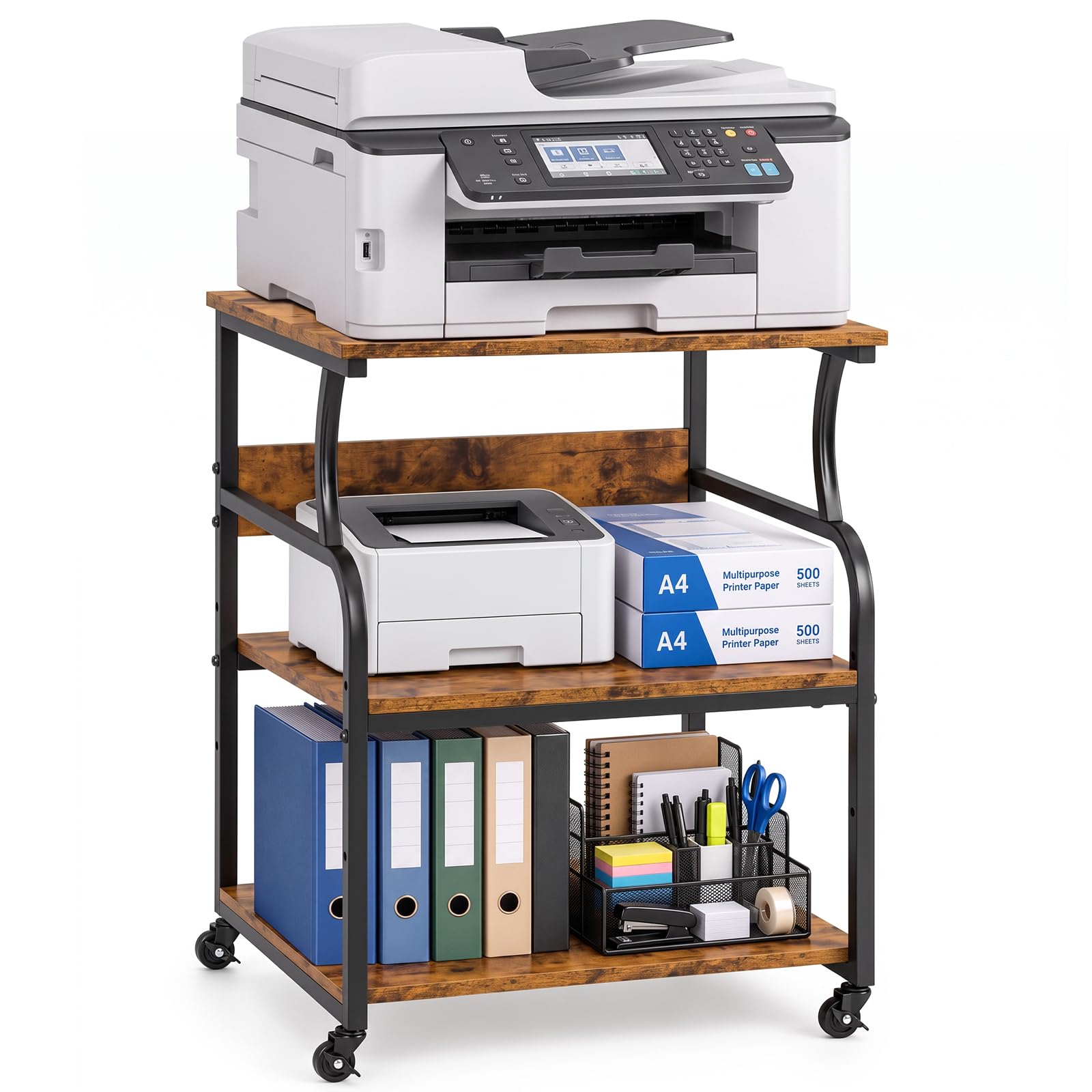 Panana 3-Tier Printer Stand on Wheels with Adjustable Shelf (Retro)