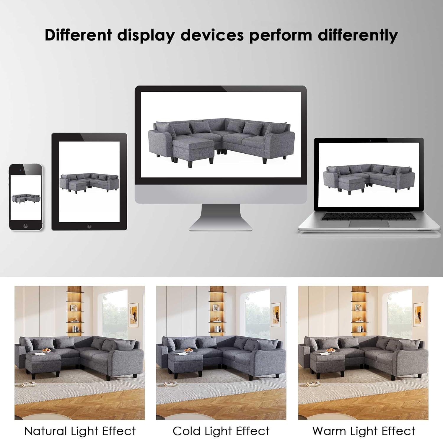 WasaFire 87" Modern Sectional Sofa with Coffee Table 6-Seat Couch Set with Storage Ottoman Various Combinations L-Shape Indoor Furniture with Unique Armrests for Living Room Apartment 2 Colors (Gray)