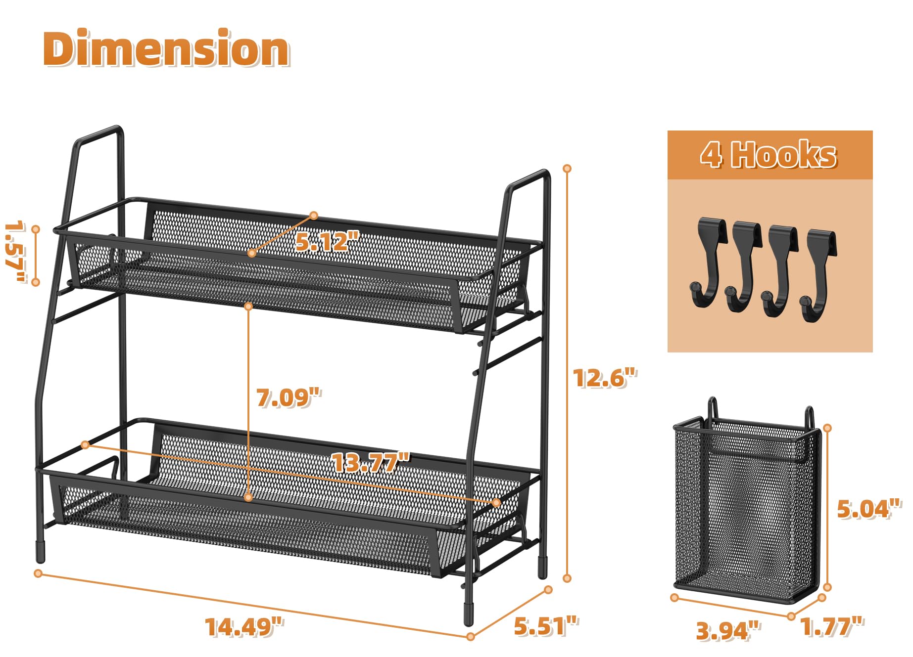 Organizador de baño de 2 niveles, organizador de encimera de baño de malla de alambre de metal con ganchos de cesta, estante de bandeja de tocador, estante de especias de cocina, negro 6