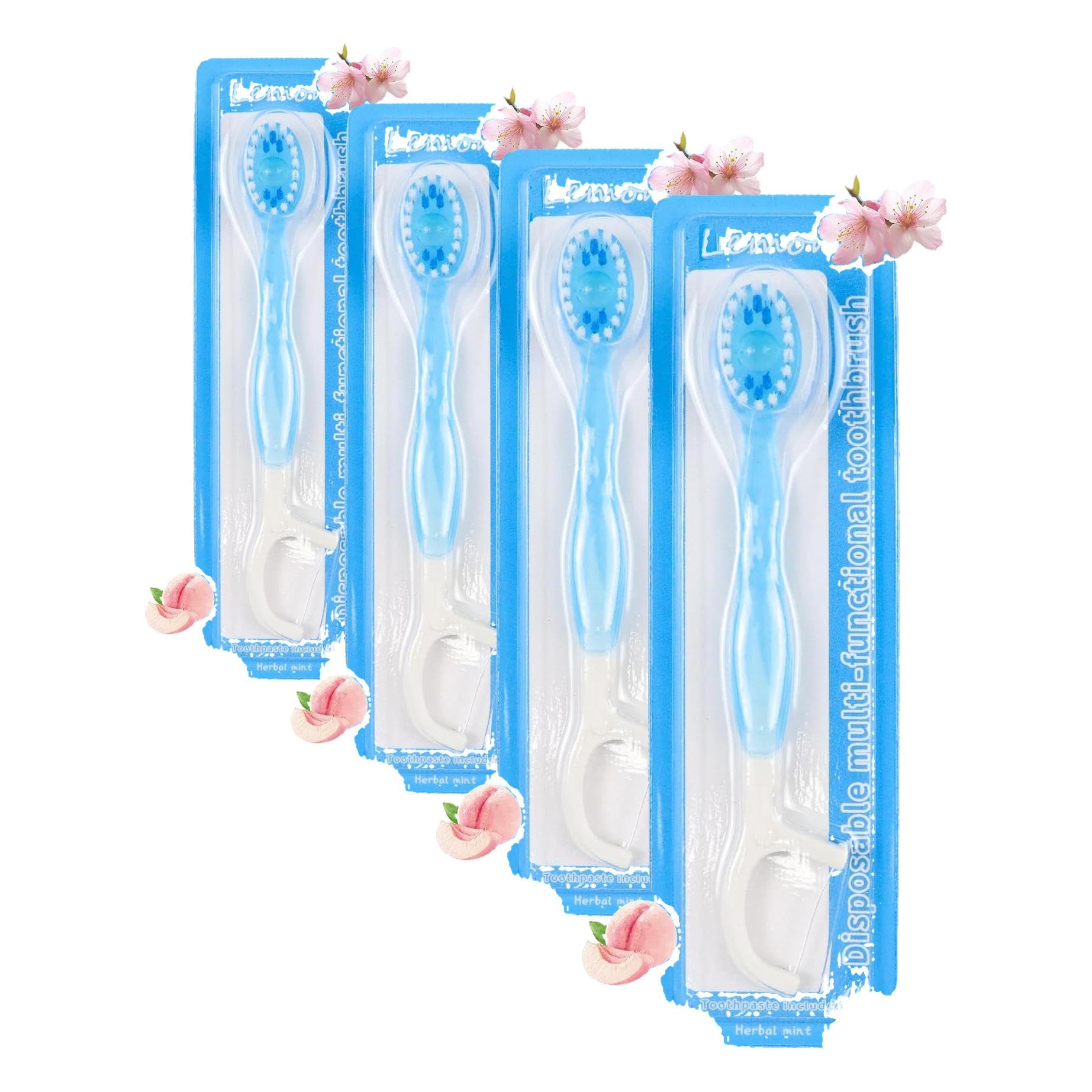 32 Cepillo Dientes Viaje 5 en 1 Cepillos Dientes Desechables con Pasta de Dientes Pre-aplicada, Hilo Dental, Limpiador de Lengua y Palillo, Mini Cepillo Envueltos Individualmente (Paquete de 4)