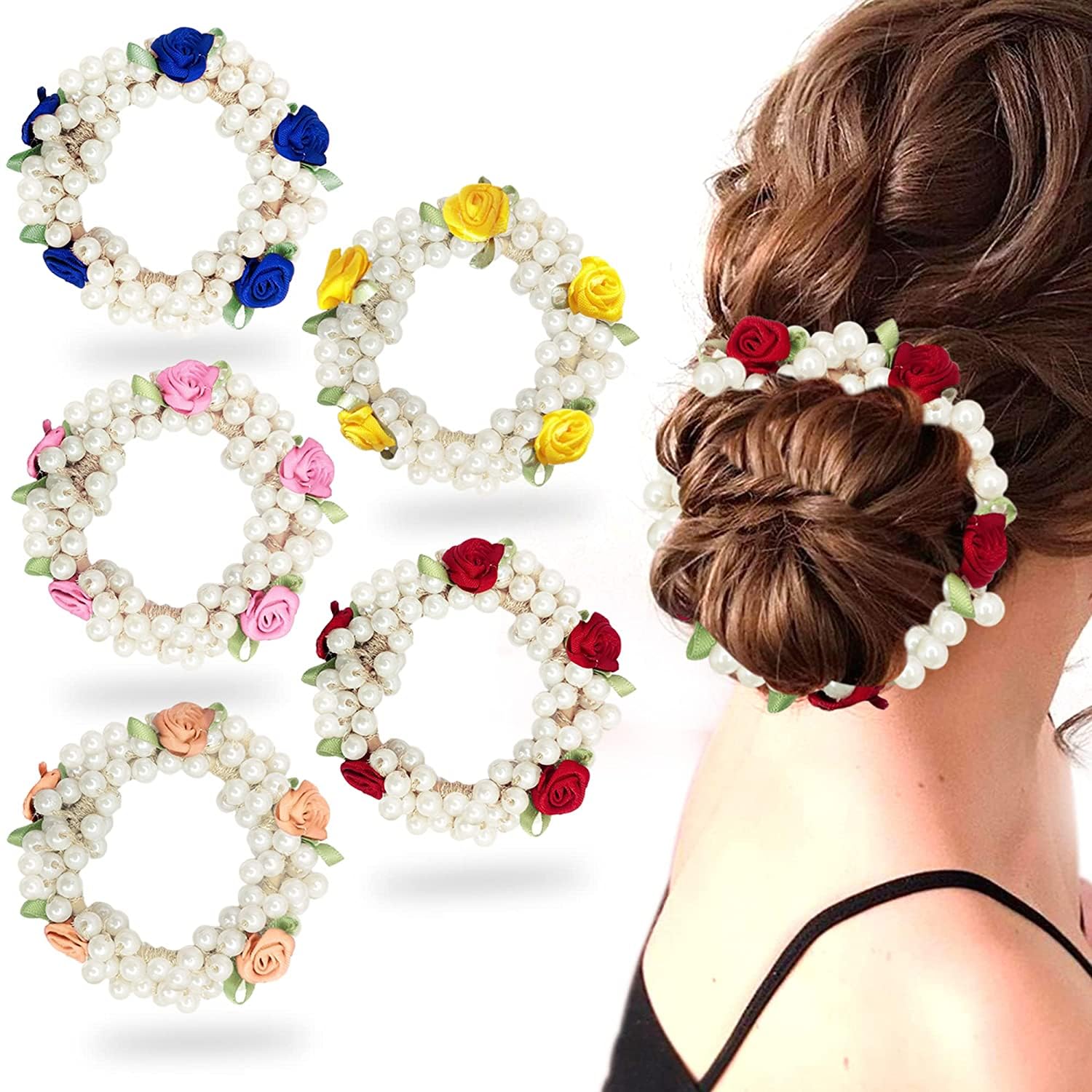 HANA JEWEL by Impression Jewellery Fancy White Pearl Flower Hair Decor Elastic Rubber Bands/Hair Bands/Hair Ties for Women/Girls | Scrunchies/Ponytail Holders (Multicolored, Pack of 5 Pcs) (B0CN4K4H7J) Amazon Price History, Amazon Price Tracker