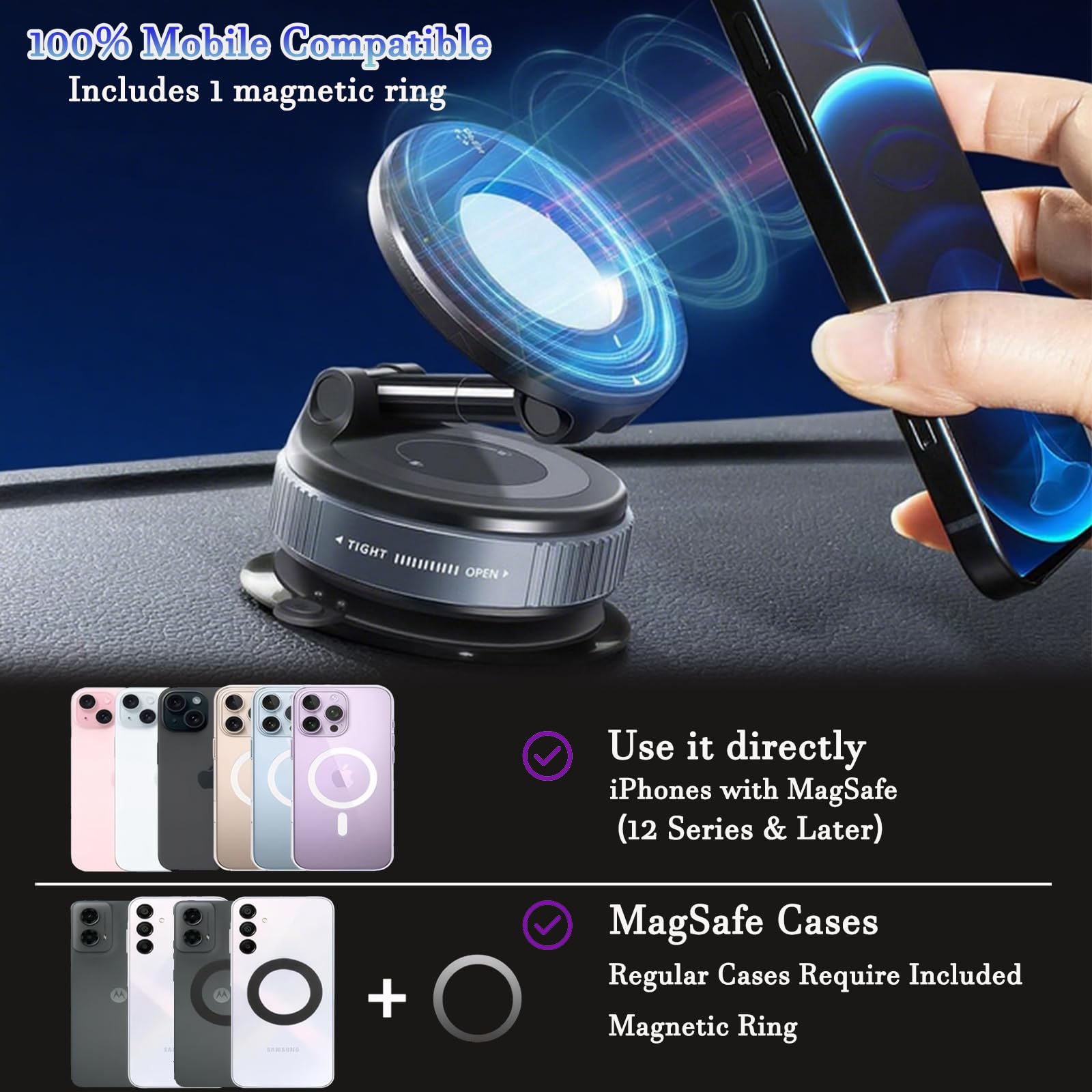 Soporte magnético de succión de 360° mejorado para teléfono, plegable y reforzado, compatible con todos los teléfonos inteligentes para coche/gimnasio/espejo/superficie lisa (negro)