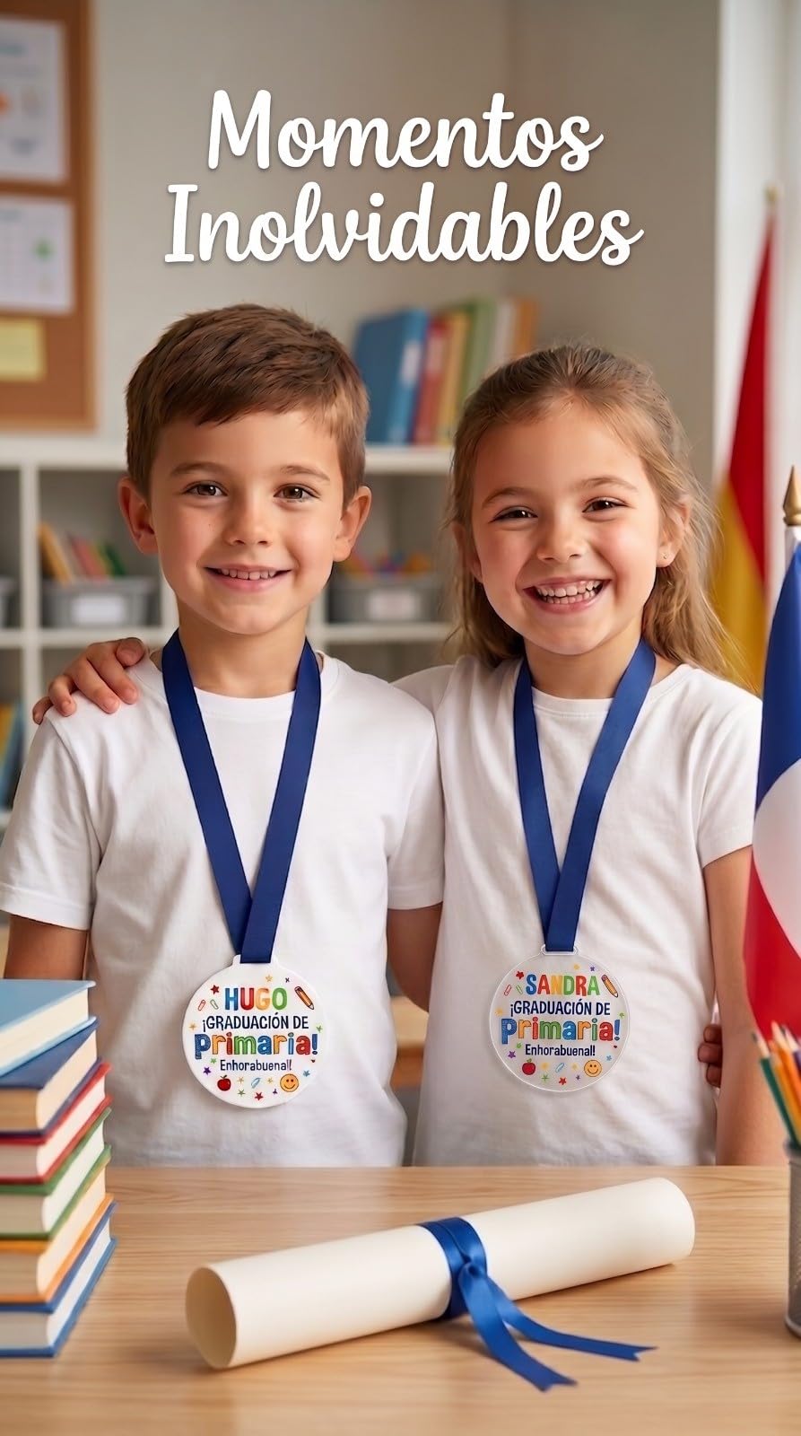 MEDALLAS DE GRADUACIÓN Infantil Personalizadas - Pack mínimo de 8 Unidades - Metacrilato Blanco o Transparente. Regalo Ideal Fin DE Curso y GRADUACIONES. Regalos TPMAS