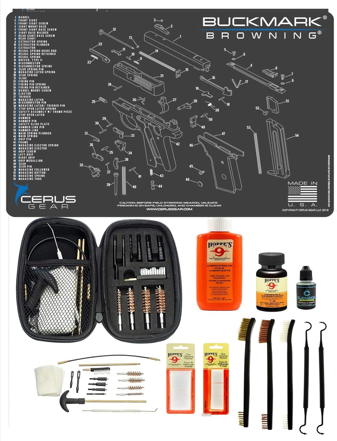 EDOG Range Warrior 27 Pc Gun Cleaning Kit - Compatible with Browning Buckmark - Schematic (Exploded View) Mat, Range Warrior Universal .22 9mm - .45 Kit & Tac Book Accessories Set
