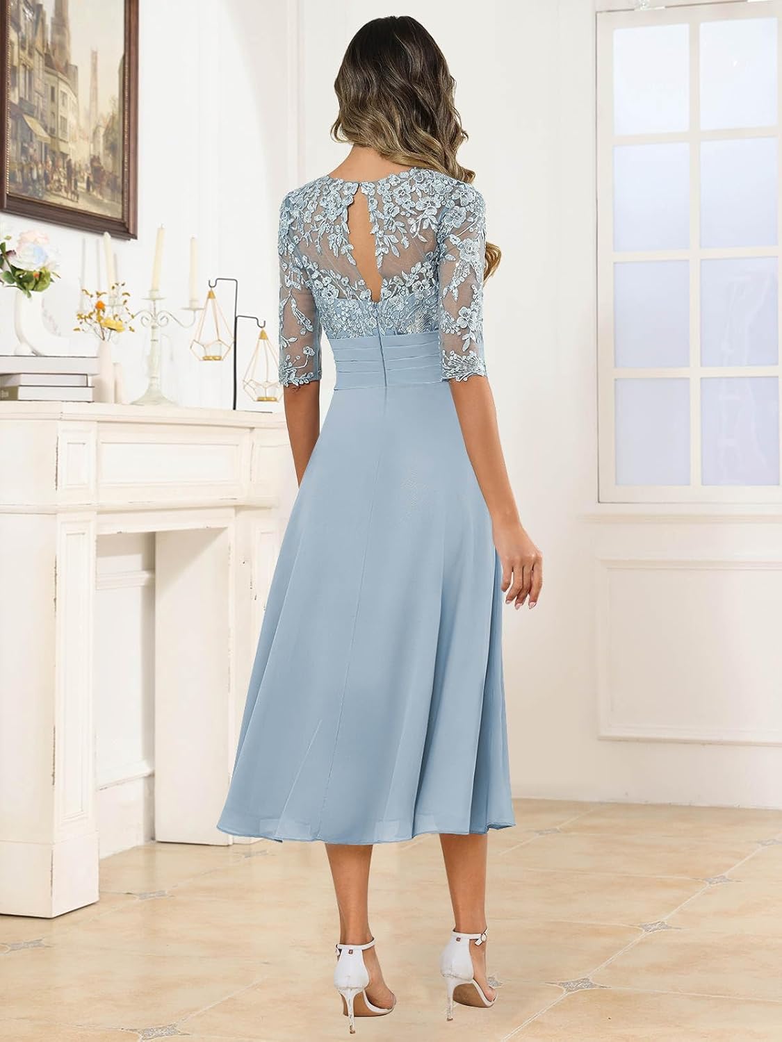 Lace Applique Mother of The Bride Dresses Tea Length Chiffon Formal Evening Party Gown - Image 3
